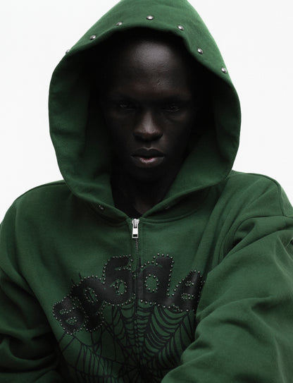 GREEN OG WEB STUDDED ZIP HOODIE ON MODEL