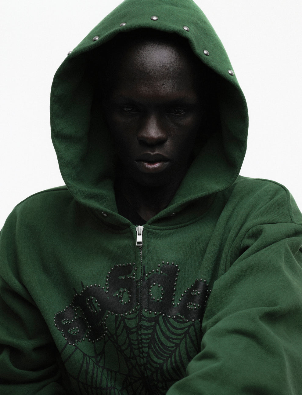 GREEN OG WEB STUDDED ZIP HOODIE ON MODEL