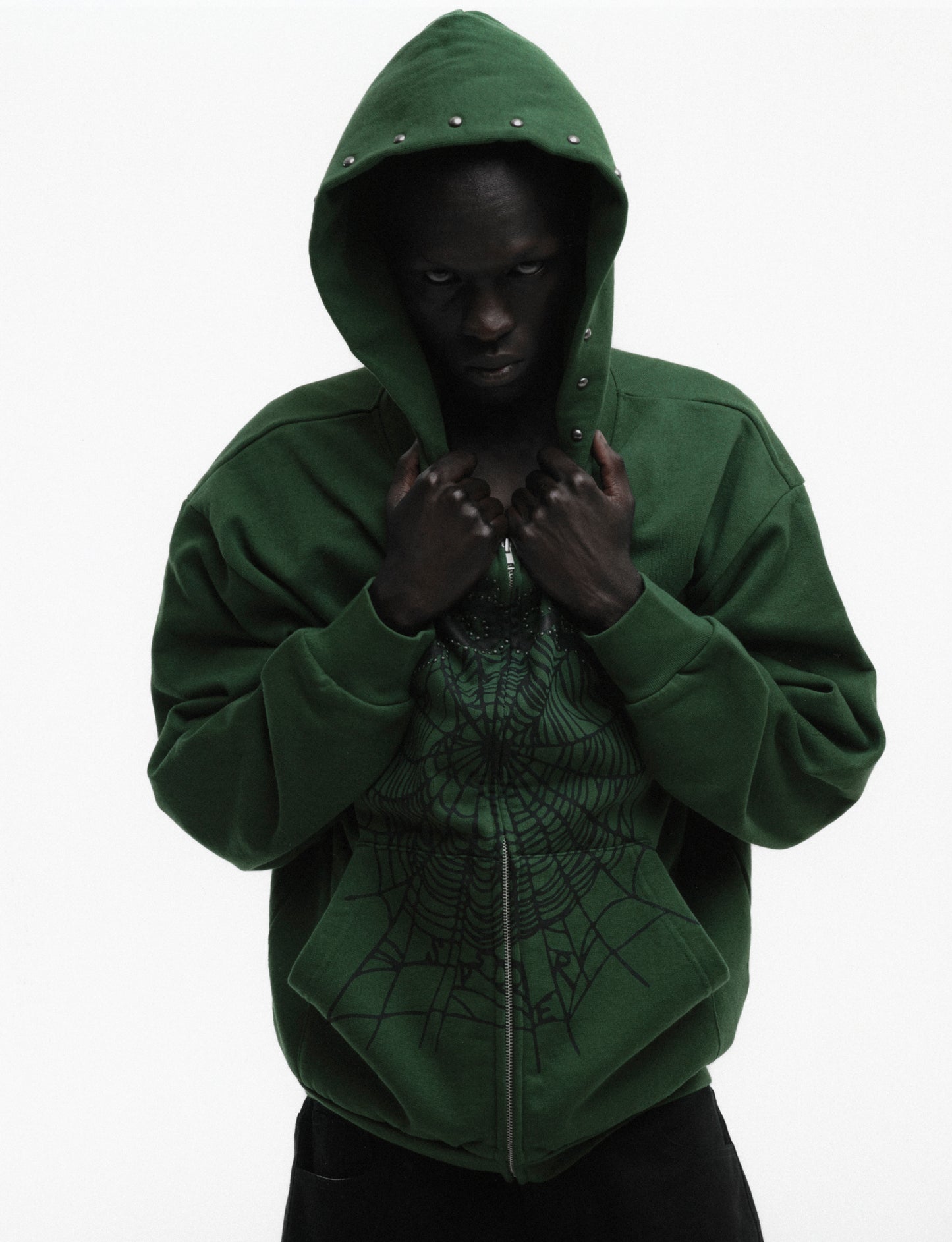 GREEN OG WEB STUDDED ZIP HOODIE ON MODEL