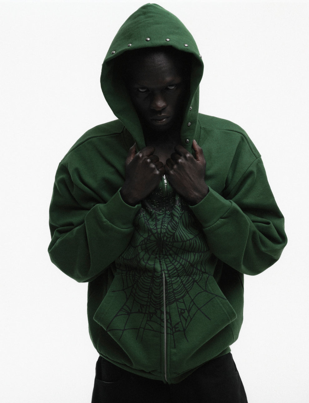 GREEN OG WEB STUDDED ZIP HOODIE ON MODEL
