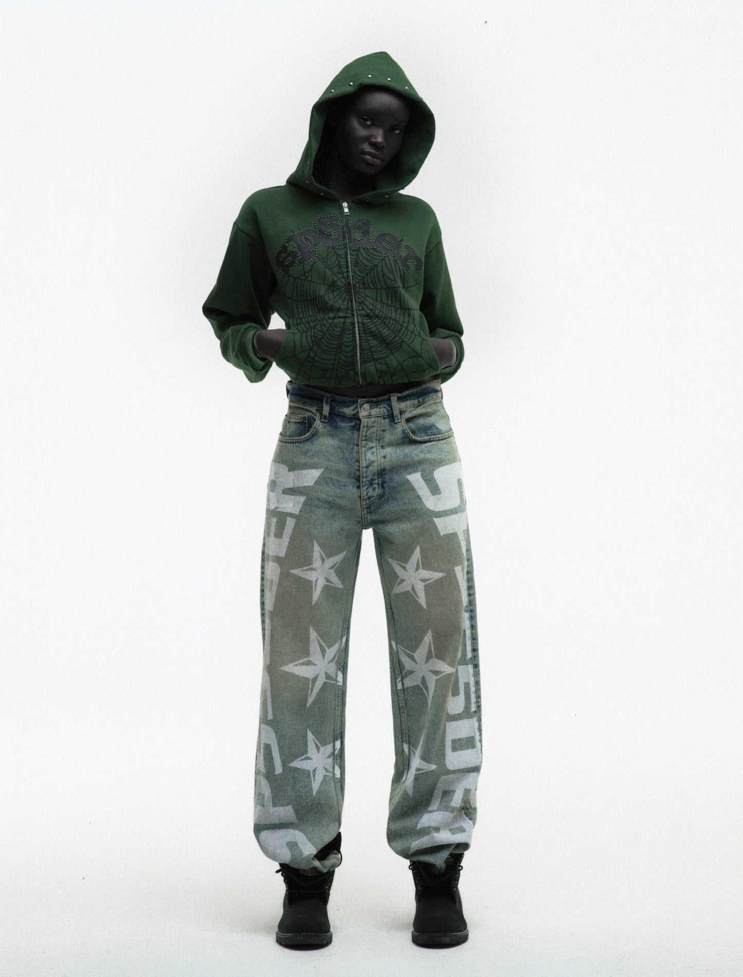 GREEN OG WEB STUDDED ZIP HOODIE ON MODEL