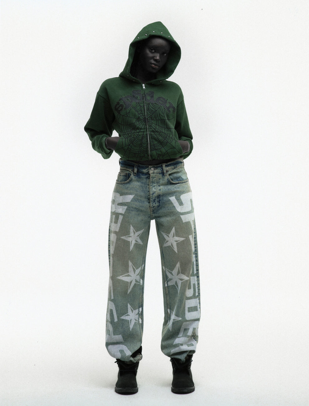 GREEN OG WEB STUDDED ZIP HOODIE ON MODEL