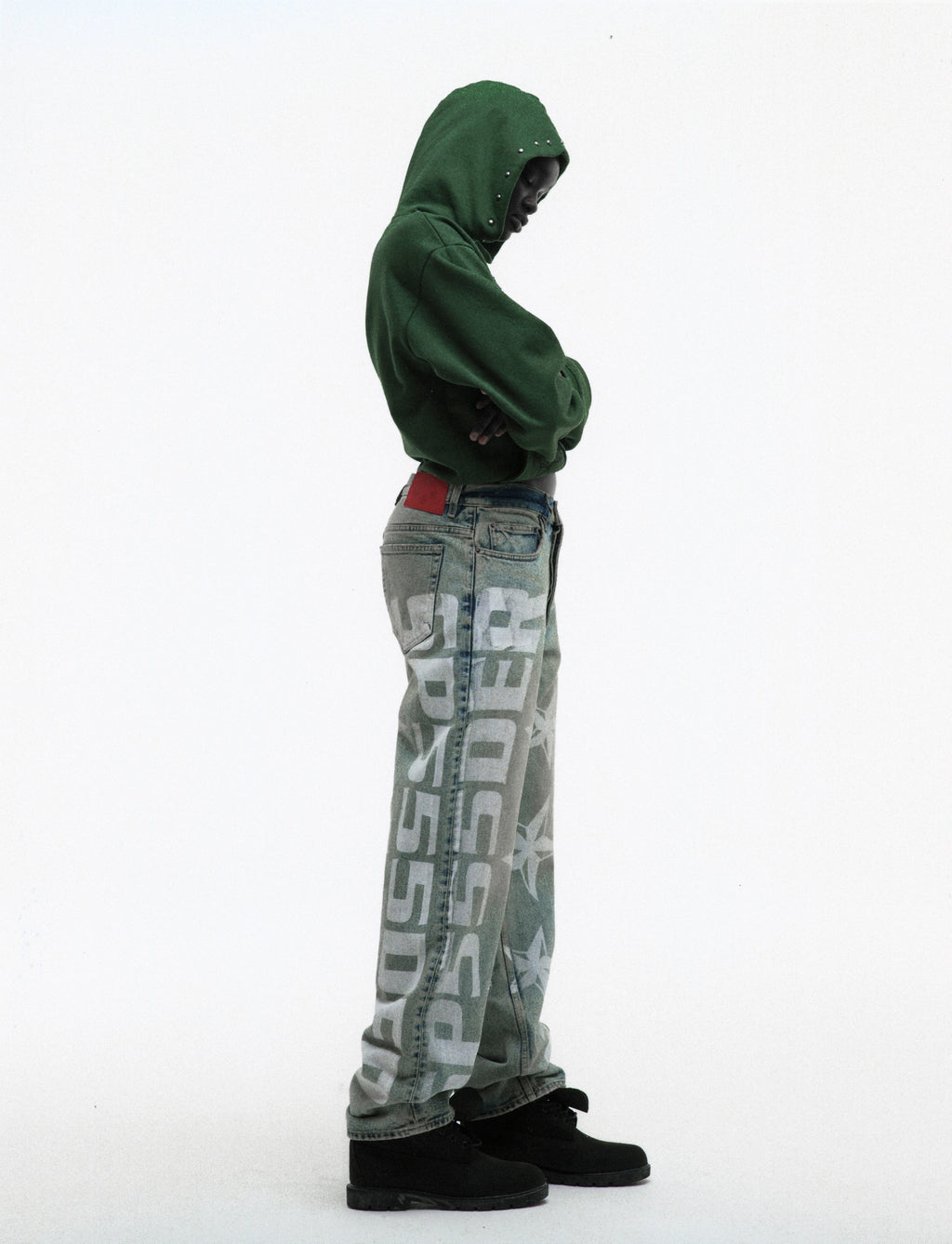 GREEN OG WEB STUDDED ZIP HOODIE ON MODEL
