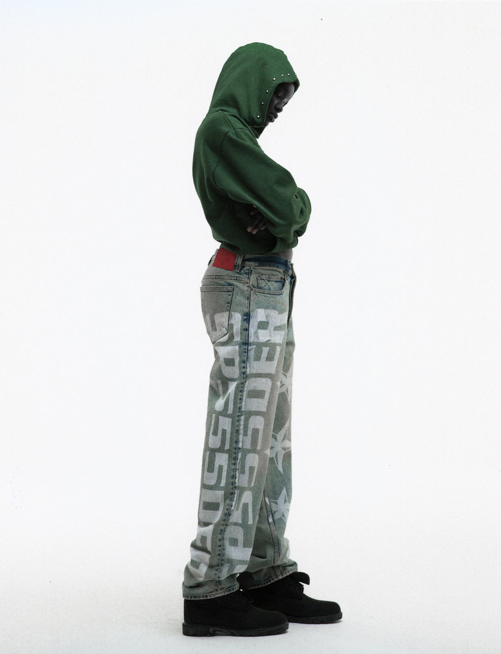 GREEN OG WEB STUDDED ZIP HOODIE ON MODEL