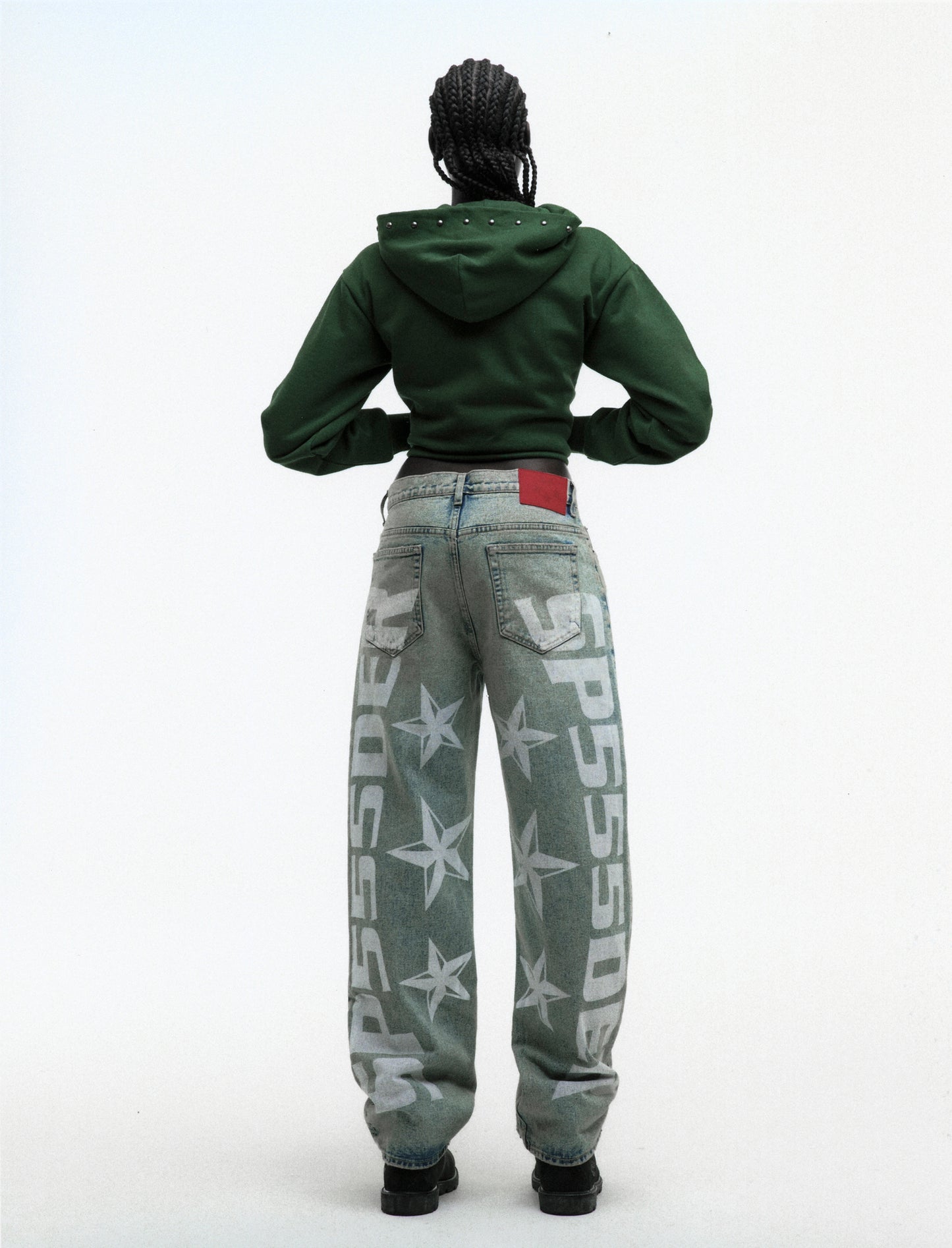 GREEN OG WEB STUDDED ZIP HOODIE ON MODEL