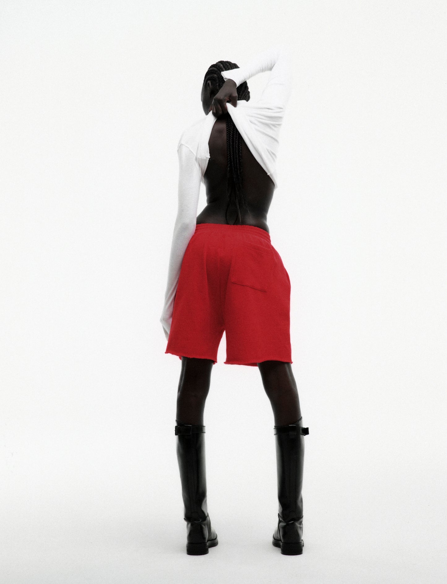 RED OG STUDDED SWEATSHORT ON MODEL