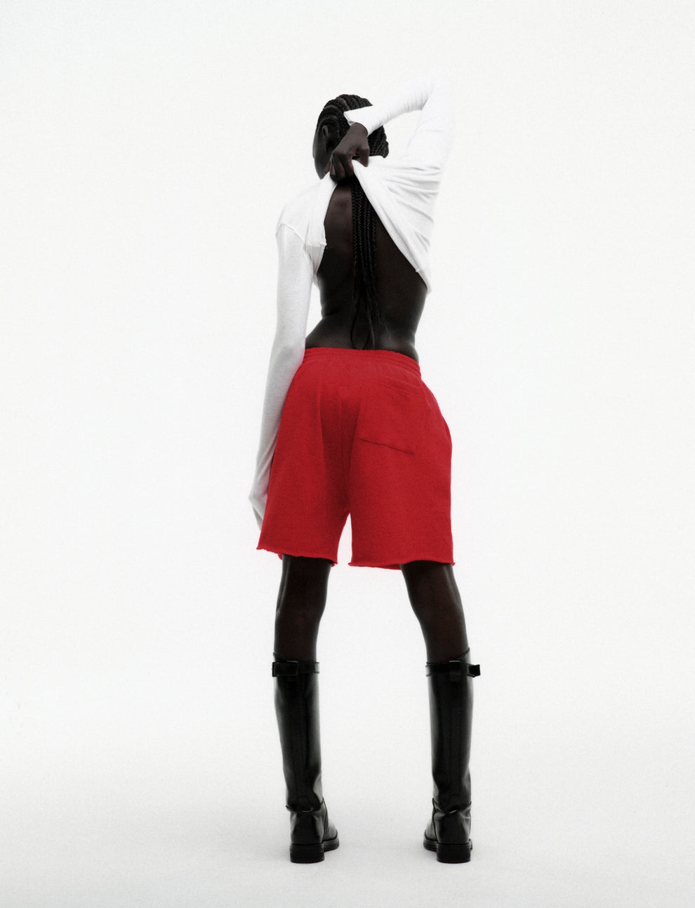 RED OG STUDDED SWEATSHORT ON MODEL