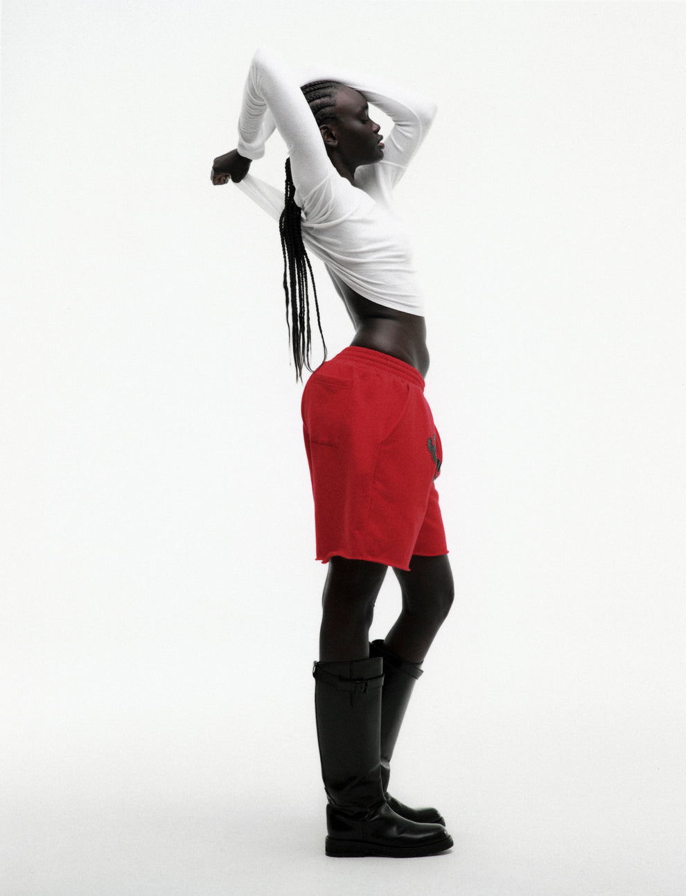 RED OG STUDDED SWEATSHORT ON MODEL
