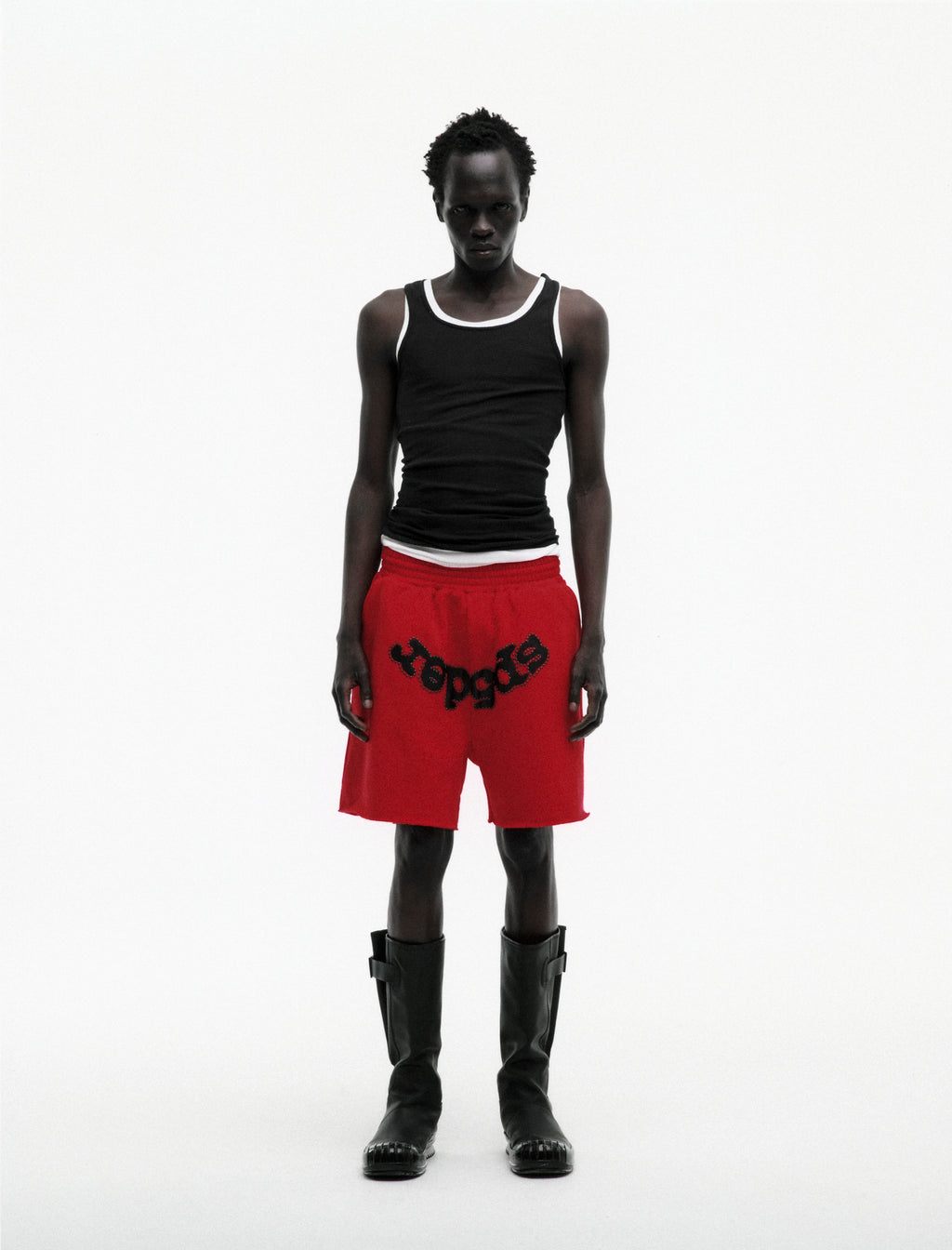 RED OG STUDDED SWEATSHORT ON MODEL