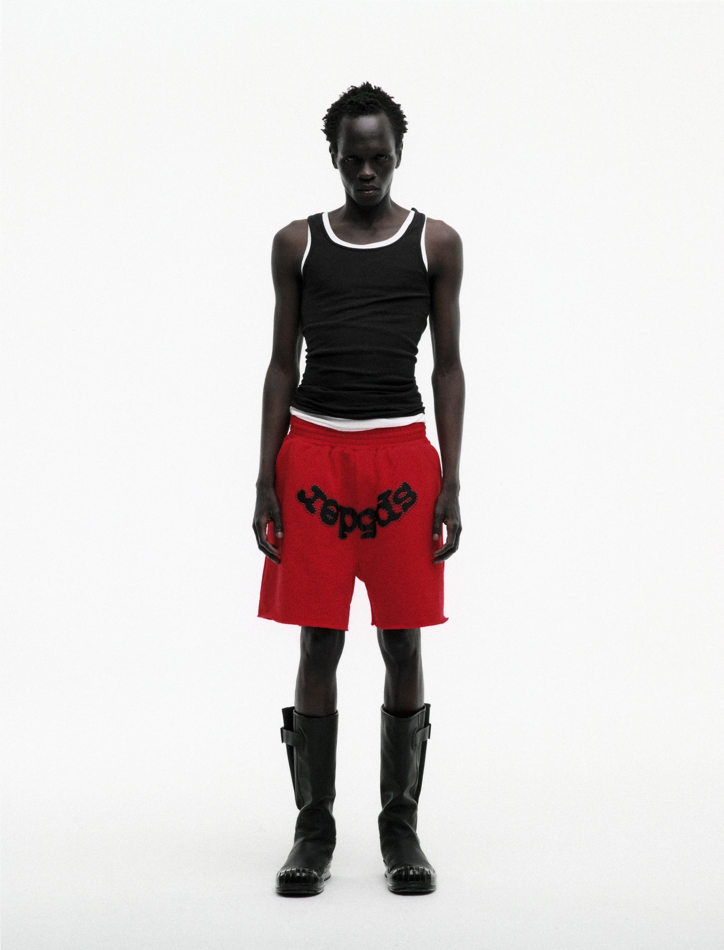 RED OG STUDDED SWEATSHORT ON MODEL