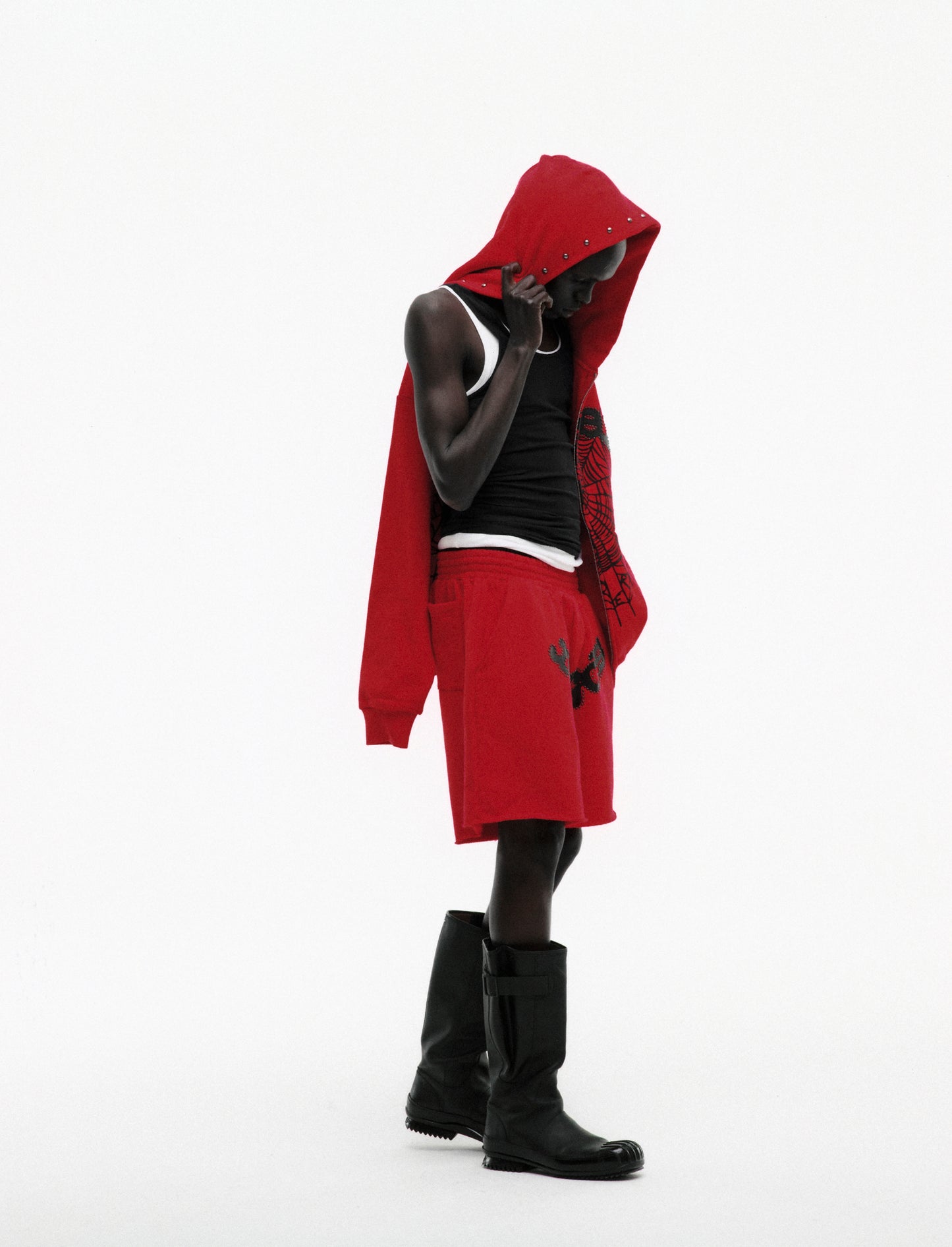 RED OG STUDDED SWEATSHORT ON MODEL