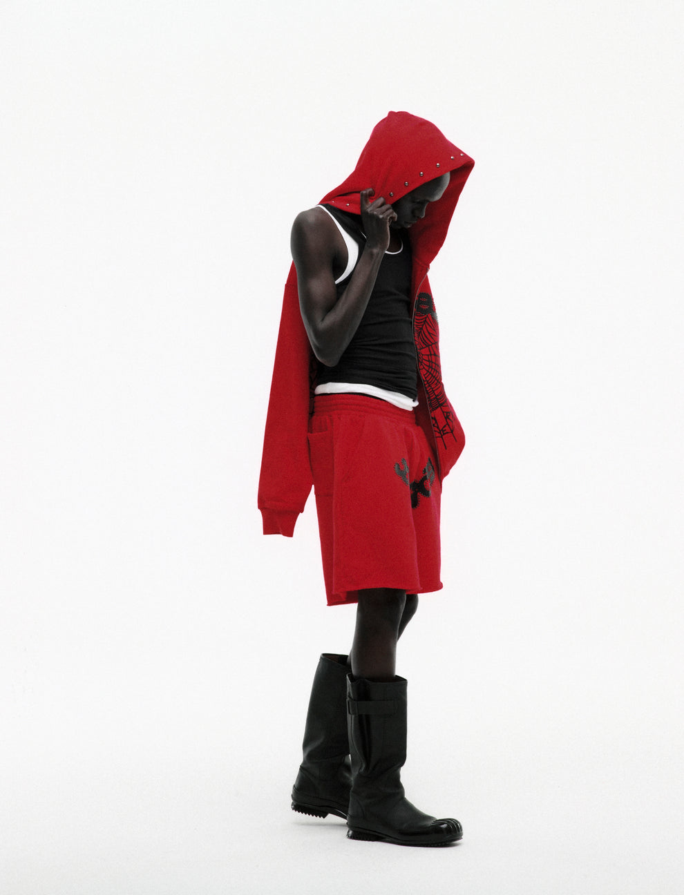 RED OG STUDDED SWEATSHORT ON MODEL