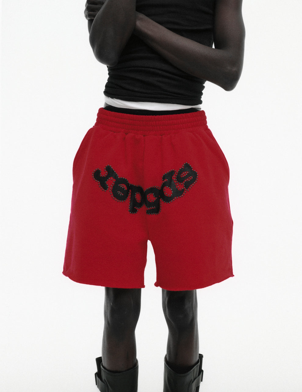 RED OG STUDDED SWEATSHORT ON MODEL