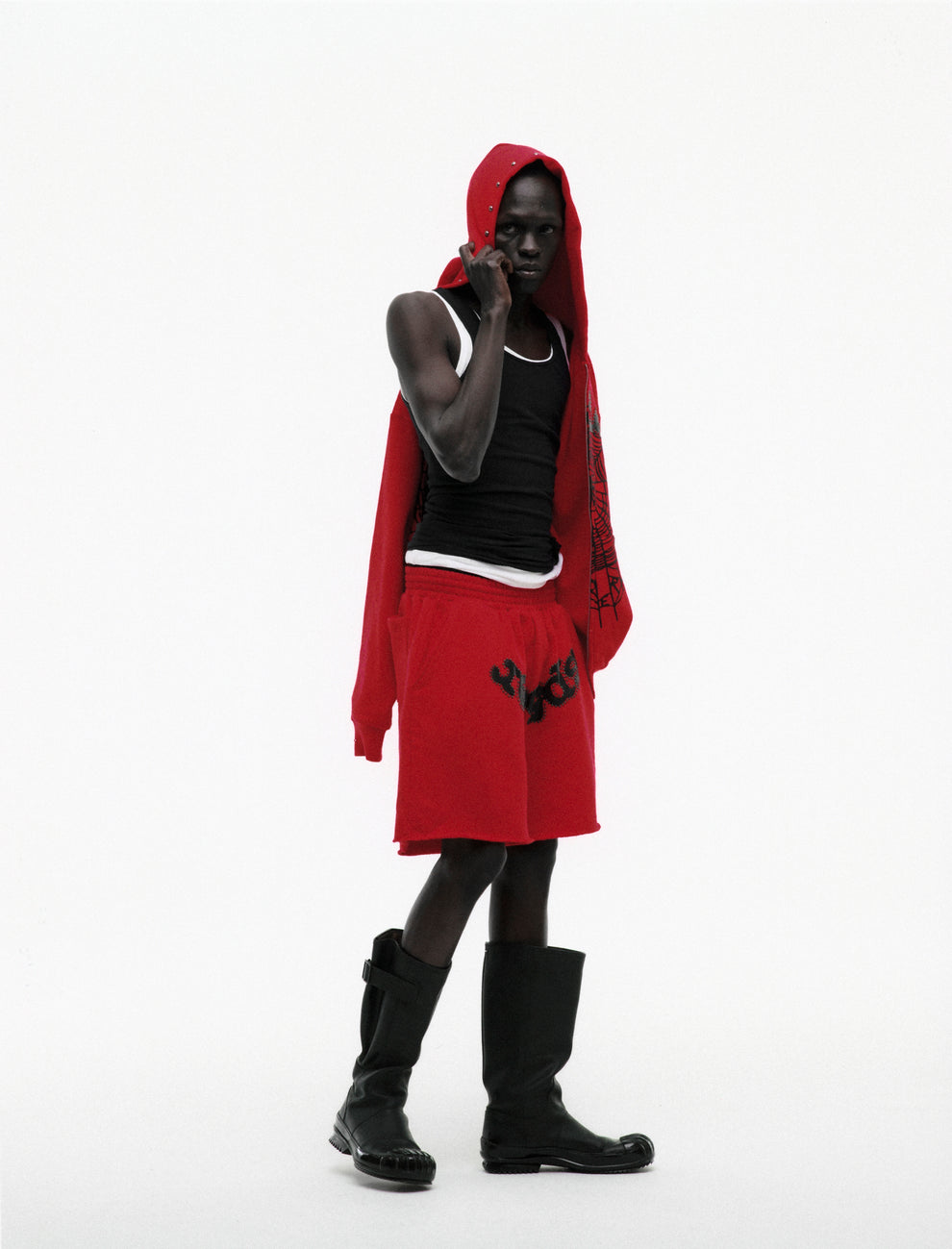 RED OG STUDDED SWEATSHORT ON MODEL