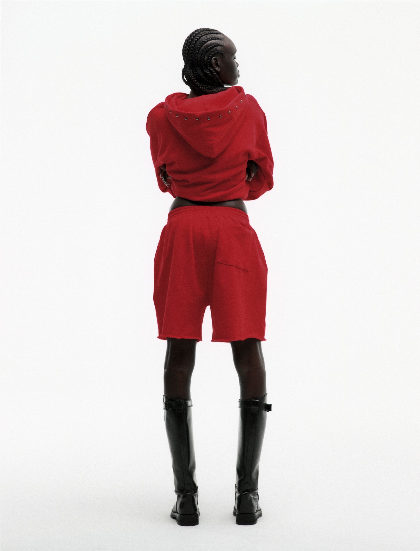 RED OG WEB STUDDED ZIP HOODIE ON MODEL