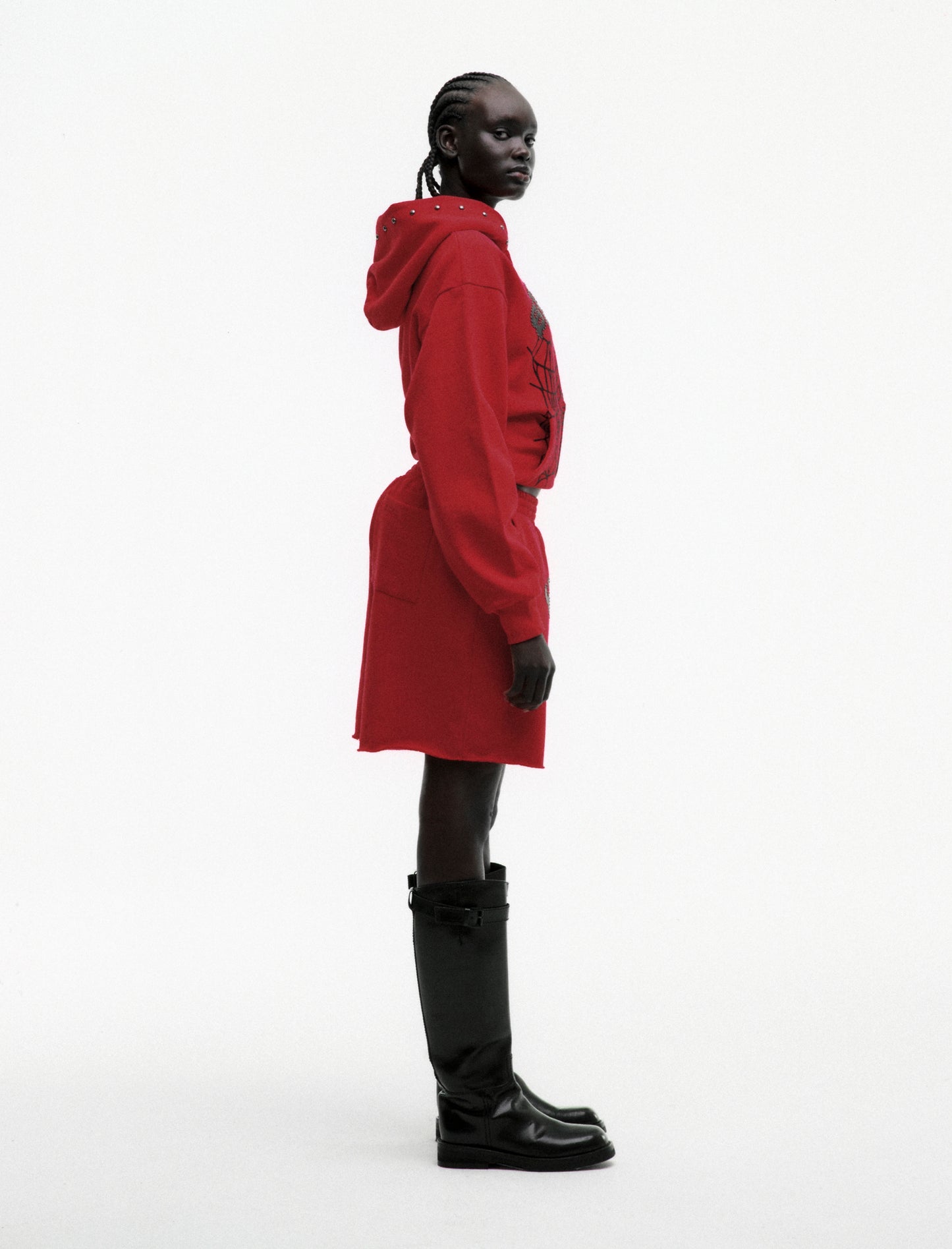 RED OG WEB STUDDED ZIP HOODIE ON MODEL