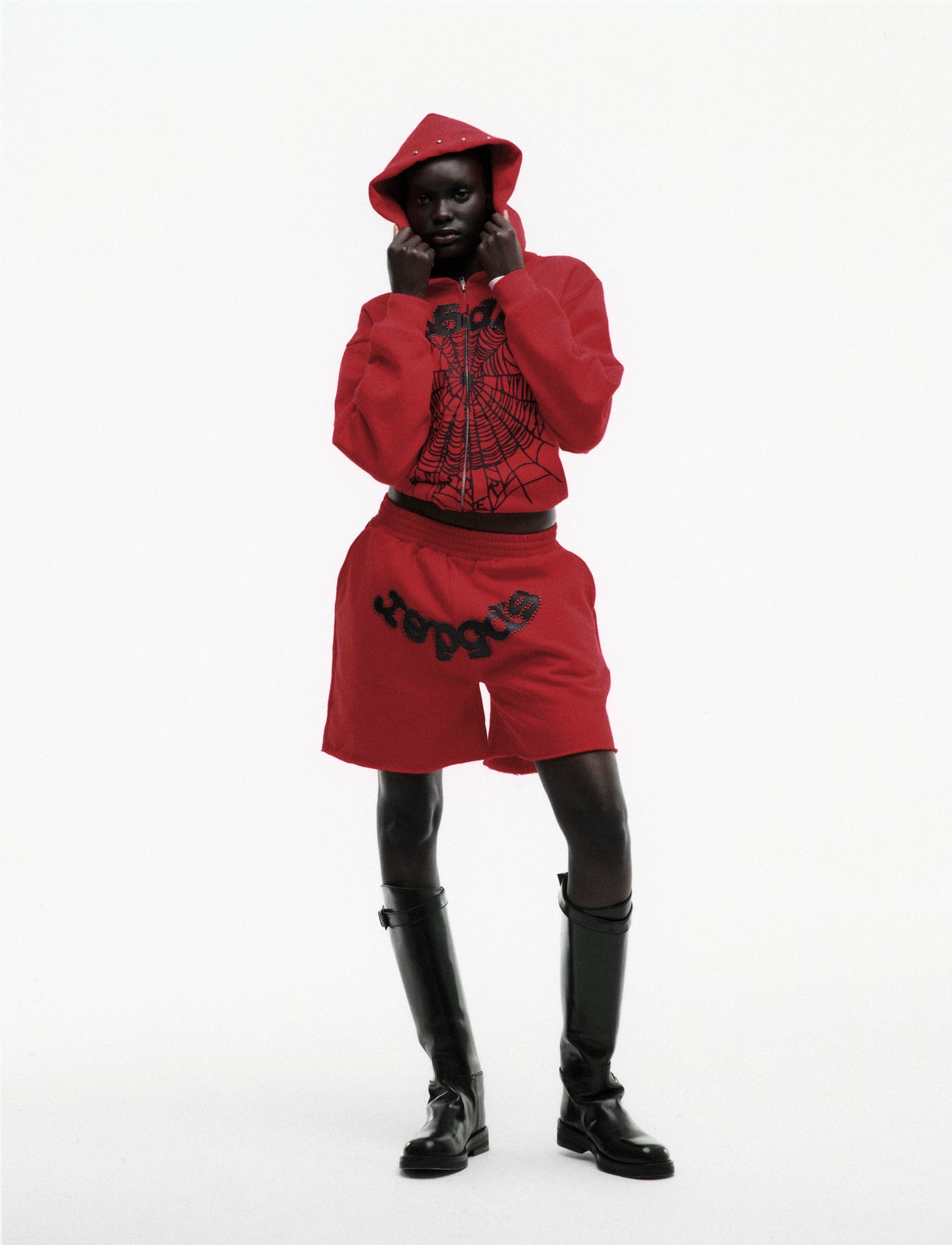RED OG WEB STUDDED ZIP HOODIE ON MODEL