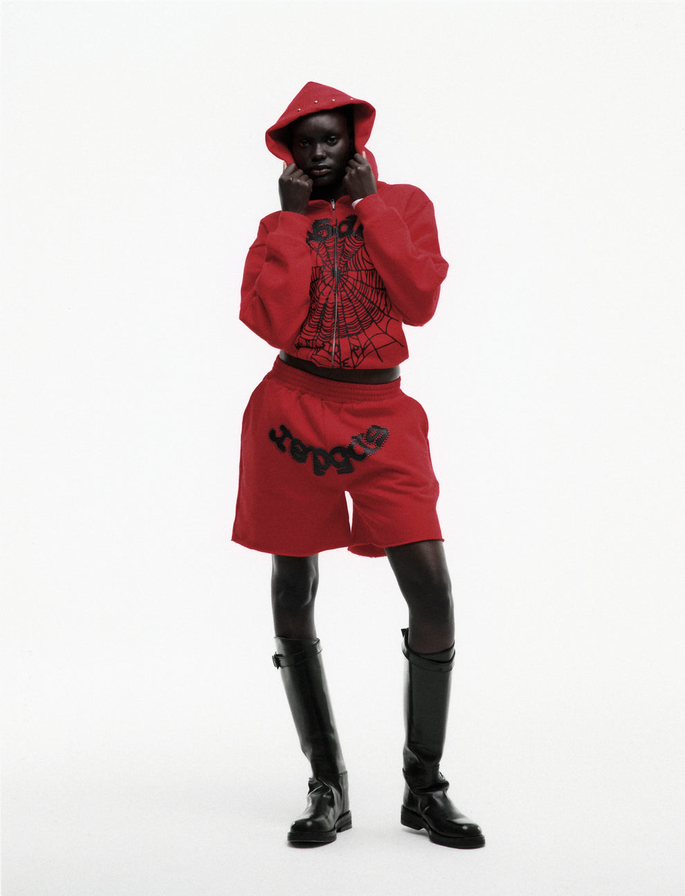 RED OG WEB STUDDED ZIP HOODIE ON MODEL