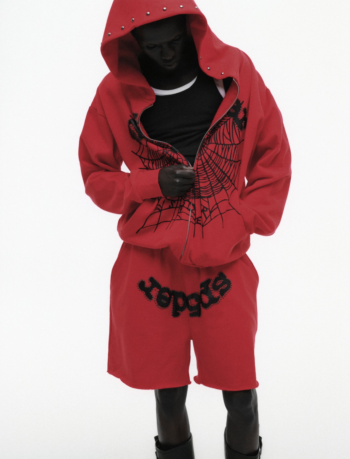 RED OG WEB STUDDED ZIP HOODIE ON MODEL