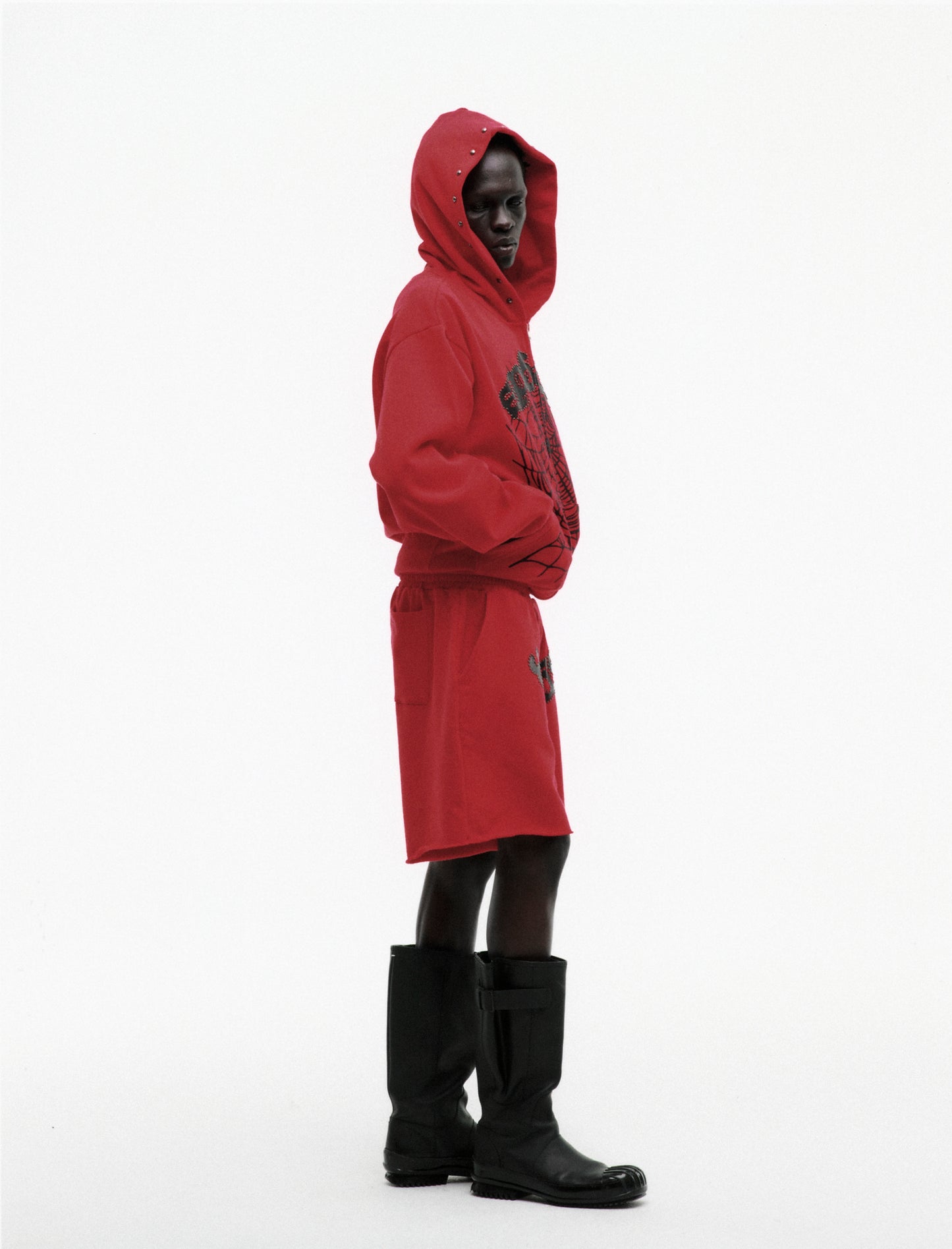 RED OG WEB STUDDED ZIP HOODIE ON MODEL