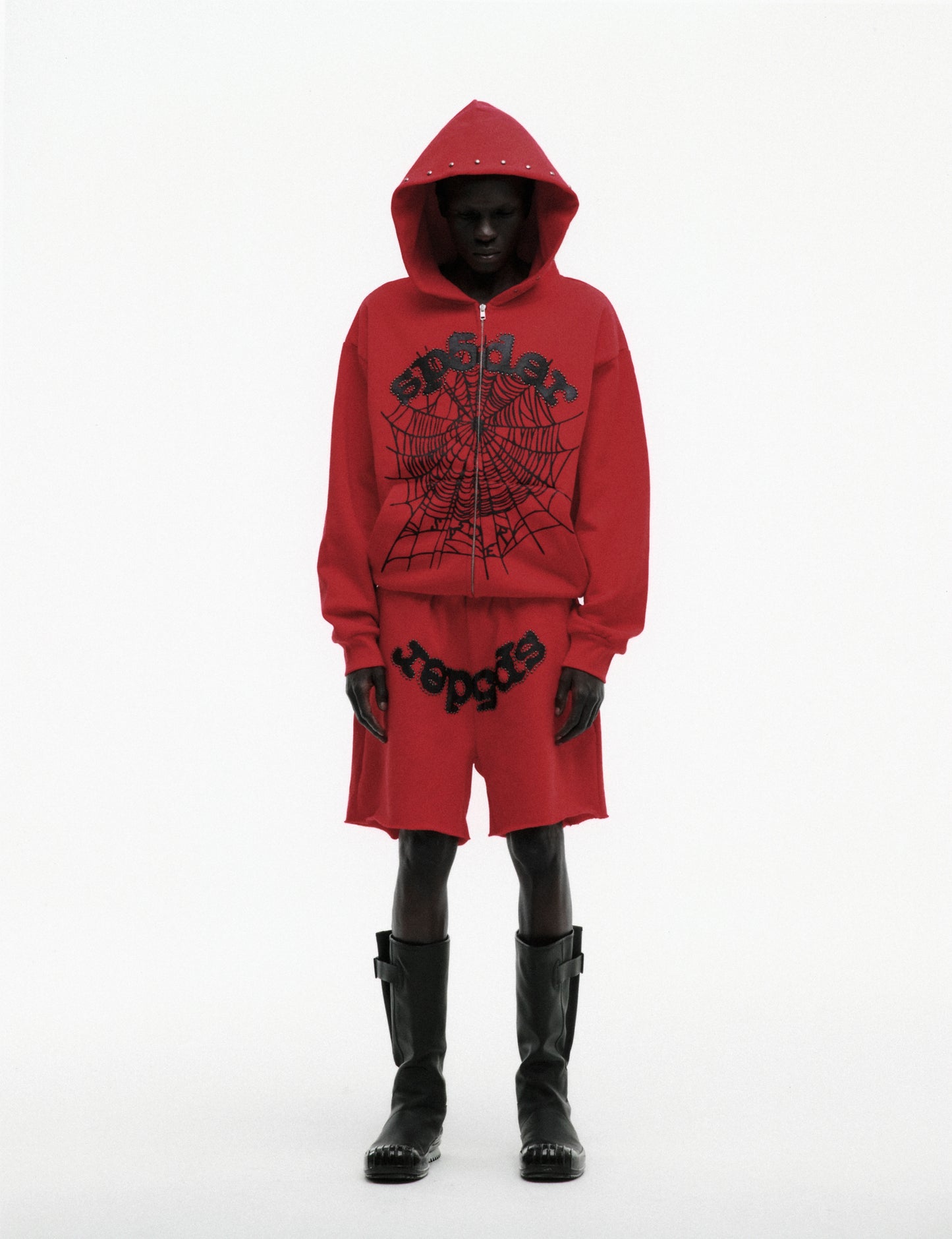 RED OG WEB STUDDED ZIP HOODIE ON MODEL