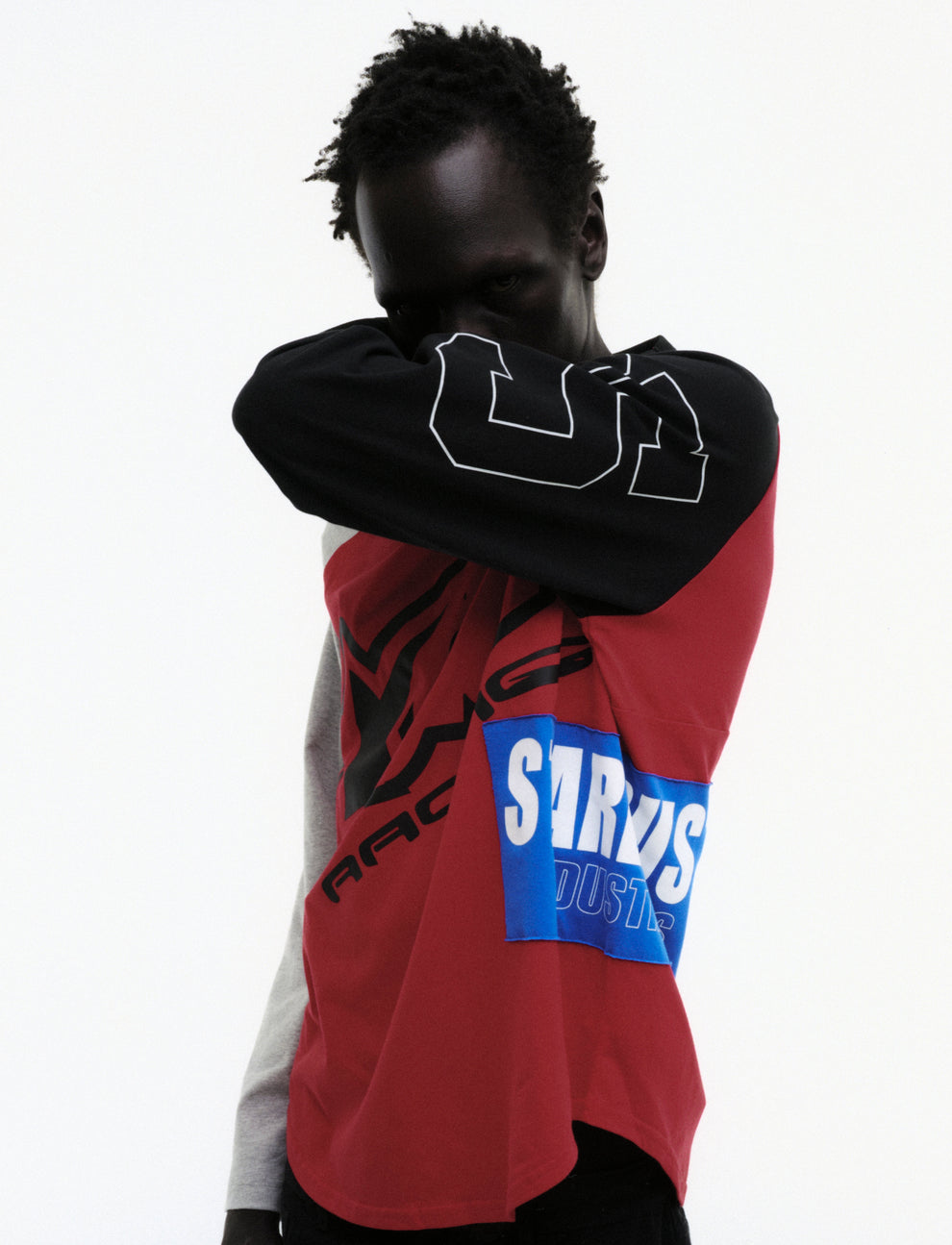 RED RALLY RAGLAN LONGSLEEVE ON MODEL