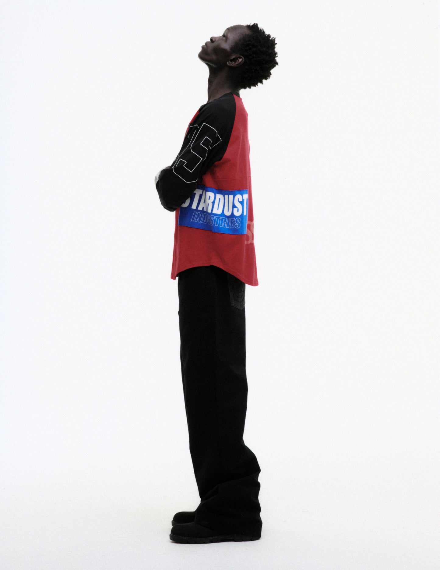 RED RALLY RAGLAN LONGSLEEVE ON MODEL