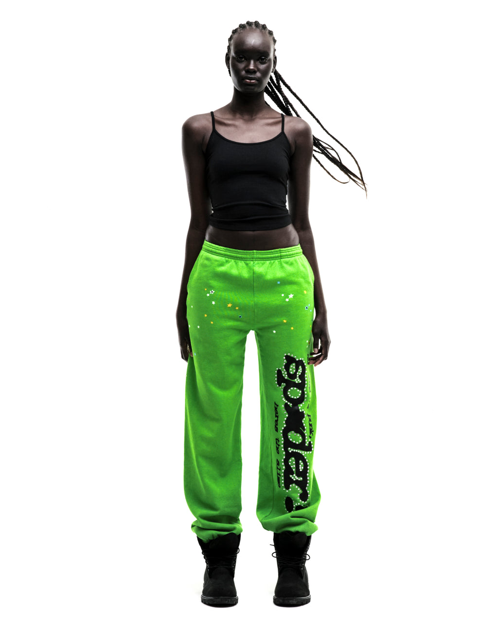 Green RHINESTONE PUNK V2 SWEATPANT with "SP5DER" text, rhinestones, and stars.