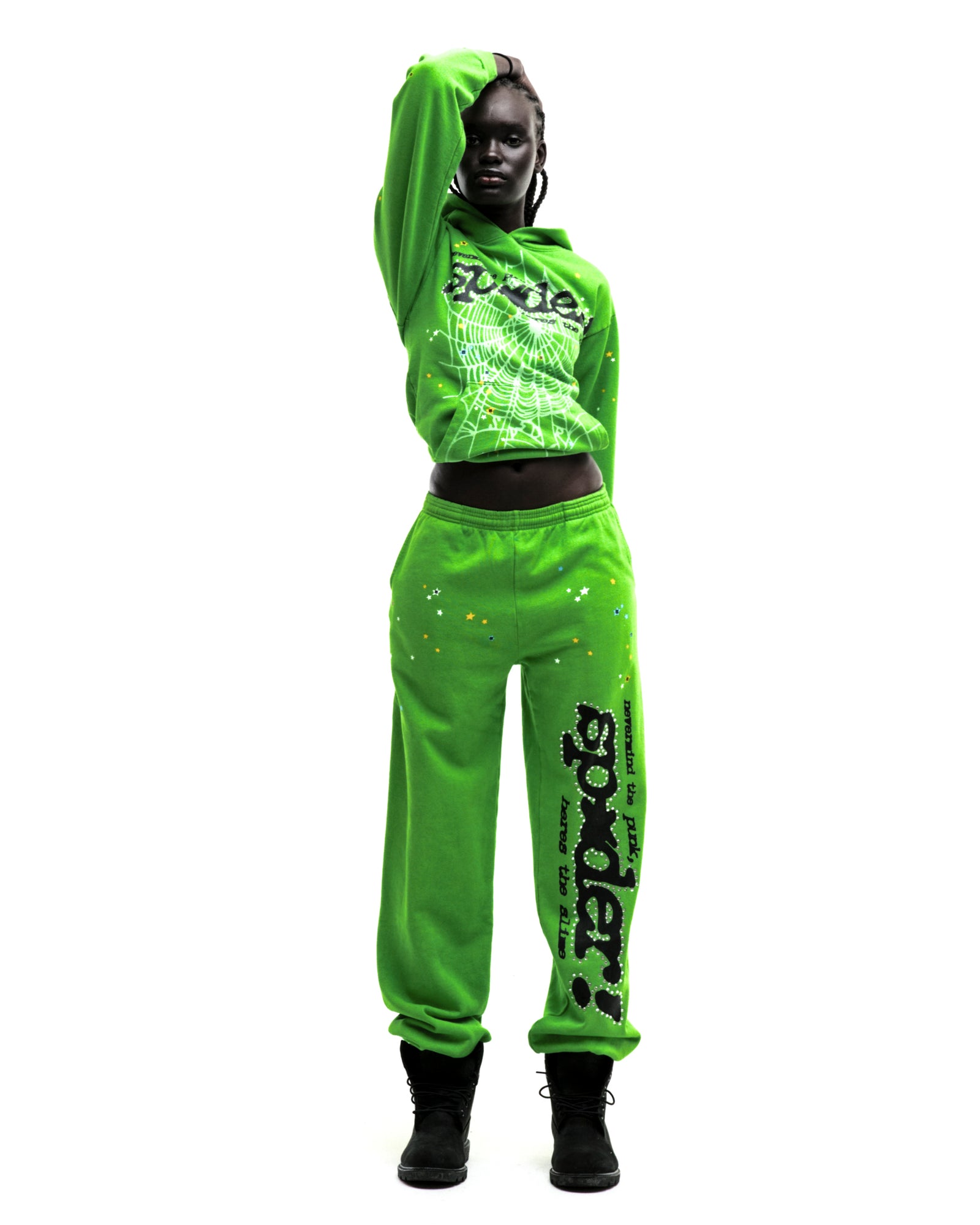 Green RHINESTONE PUNK V2 HOODIE and sweatpants set with puff print P*NK SP5DER motif and web.