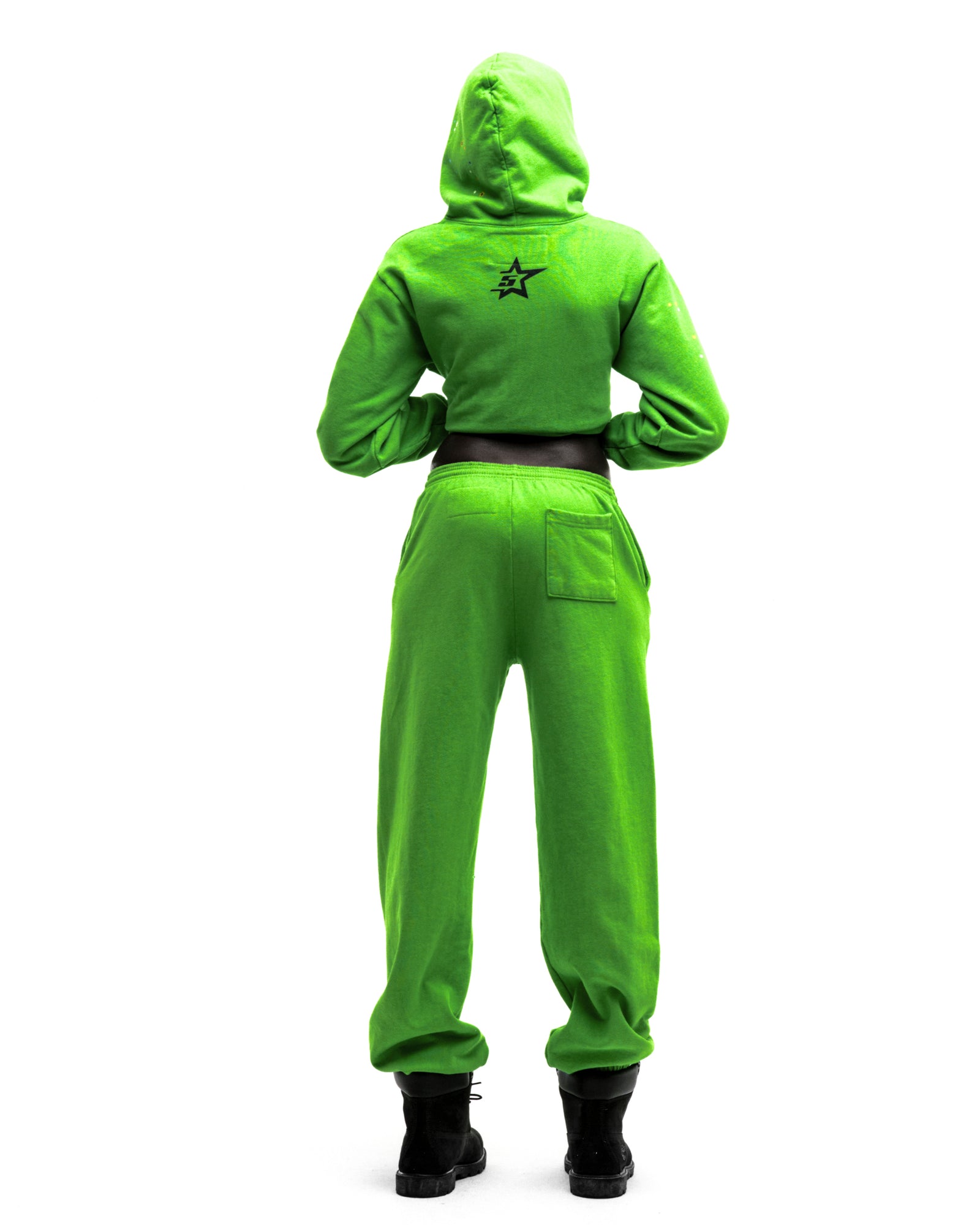 Lime green cotton fleece hoodie and sweatpants set with black 5-star motif on back.