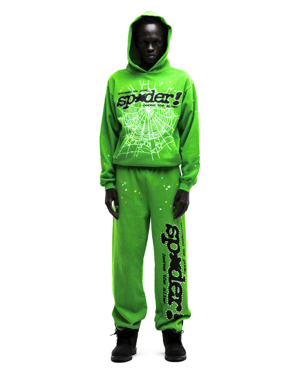 Green RHINESTONE PUNK V2 SWEATPANT and matching hoodie with spiderweb and text graphics.