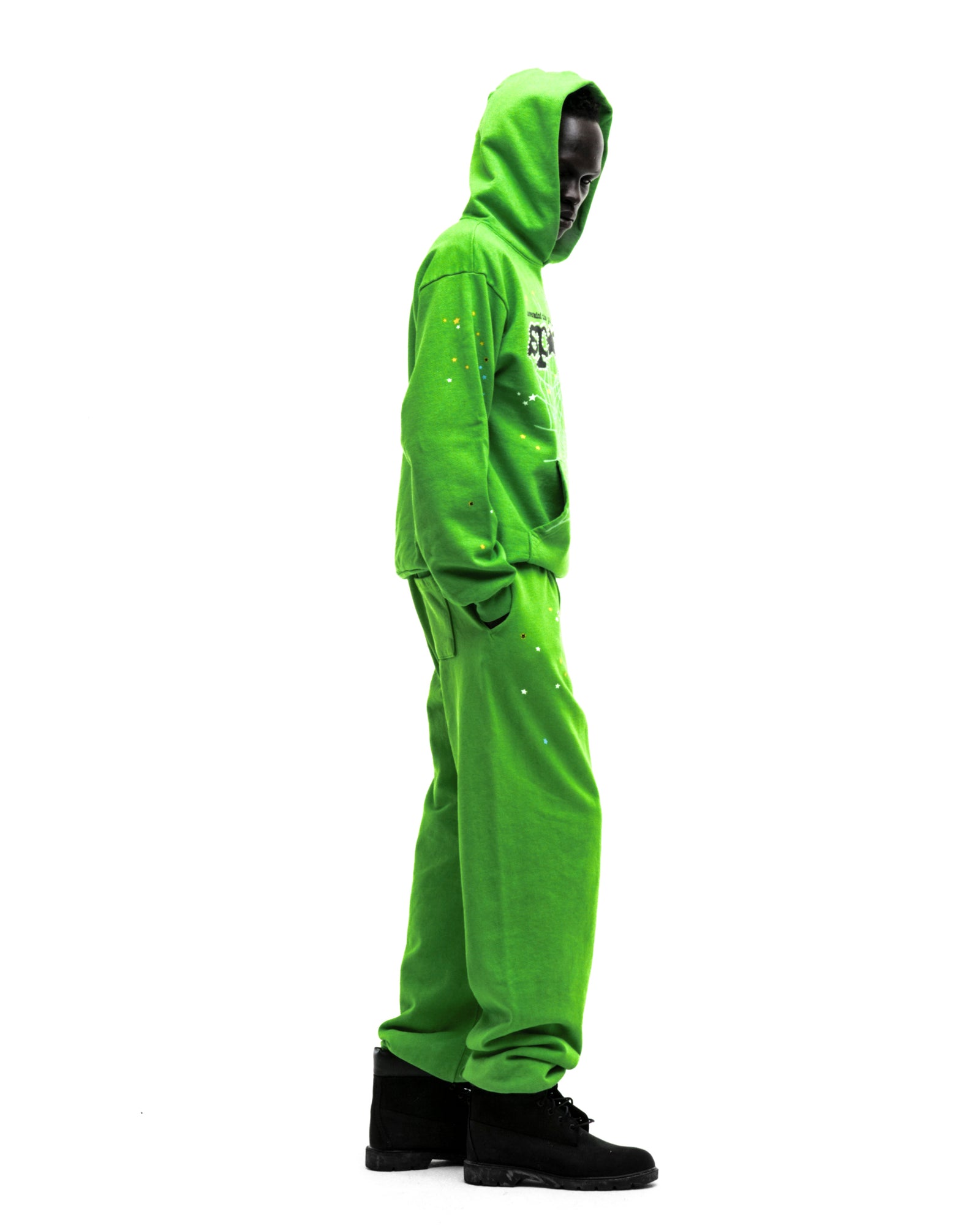Green RHINESTONE PUNK V2 SWEATPANT and matching hoodie with puff print and rhinestone details.