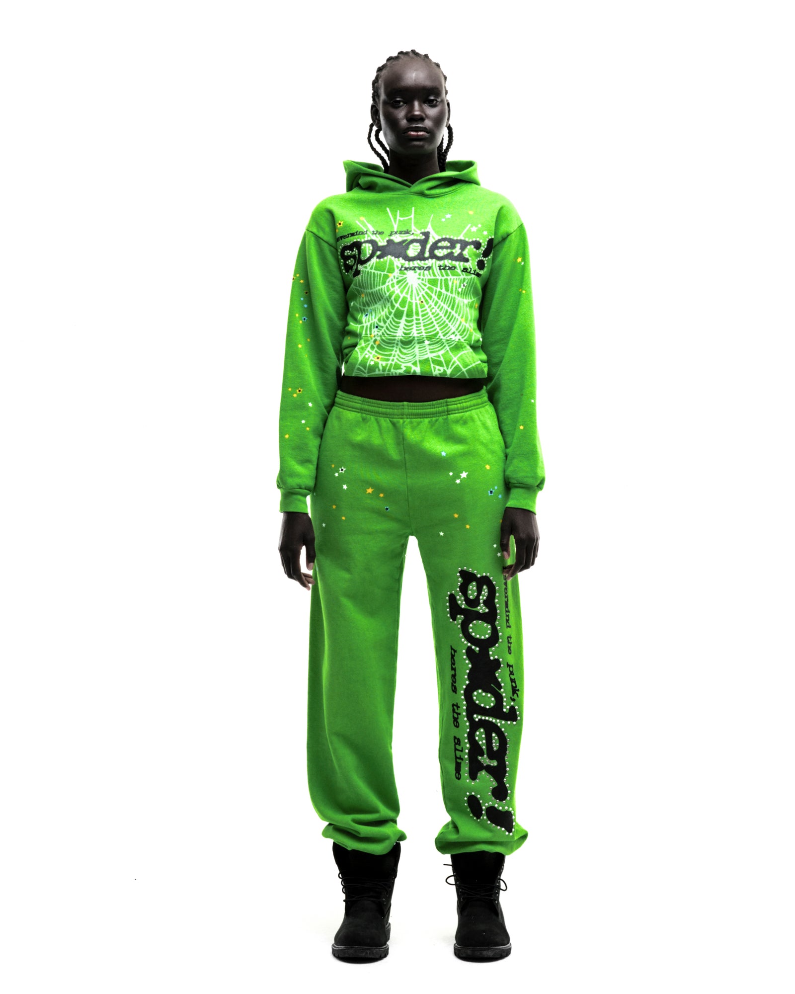 Green RHINESTONE PUNK V2 HOODIE and sweatpants set with P*NK SP5DER web motif and scattered stars.