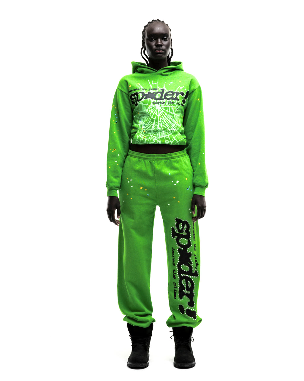 Green RHINESTONE PUNK V2 HOODIE and sweatpants set with P*NK SP5DER web motif and scattered stars.