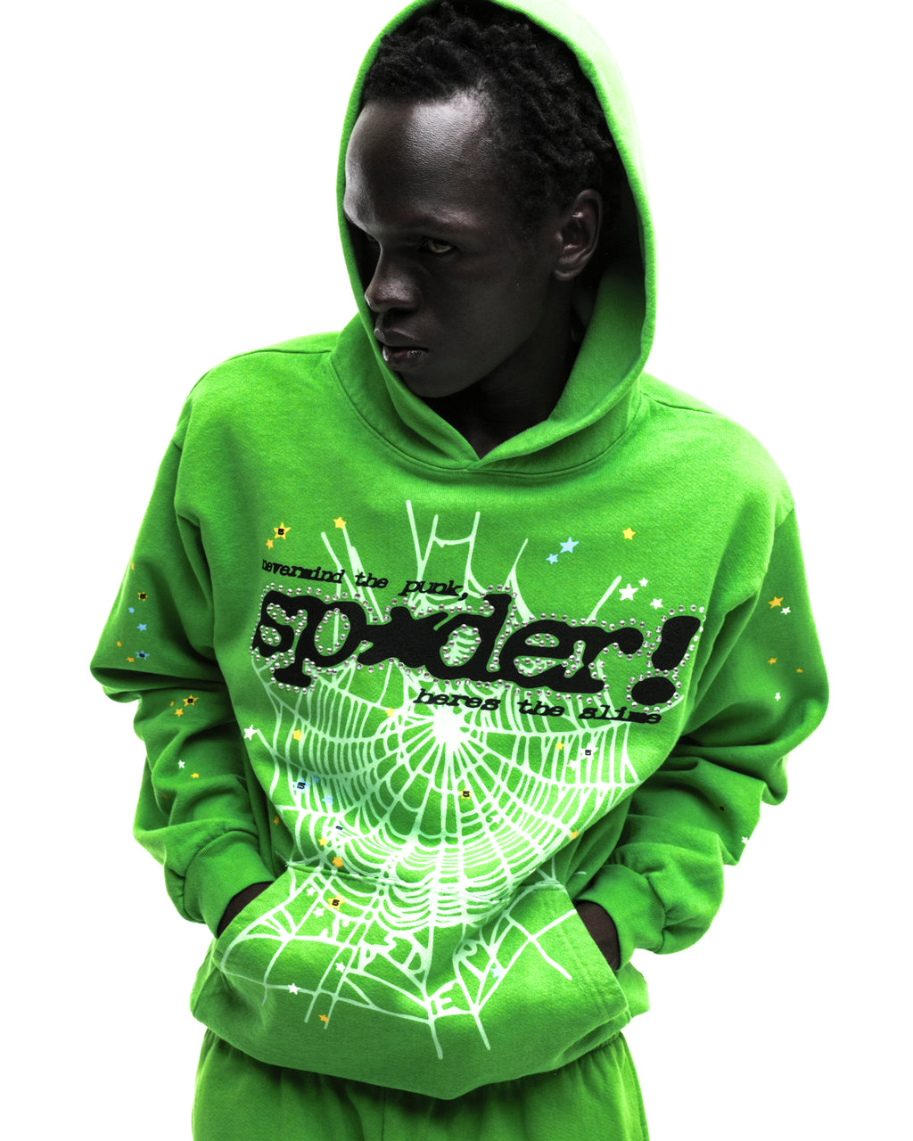 Green RHINESTONE PUNK V2 HOODIE with "SP5DER" motif, rhinestones, web design, and scattered stars.