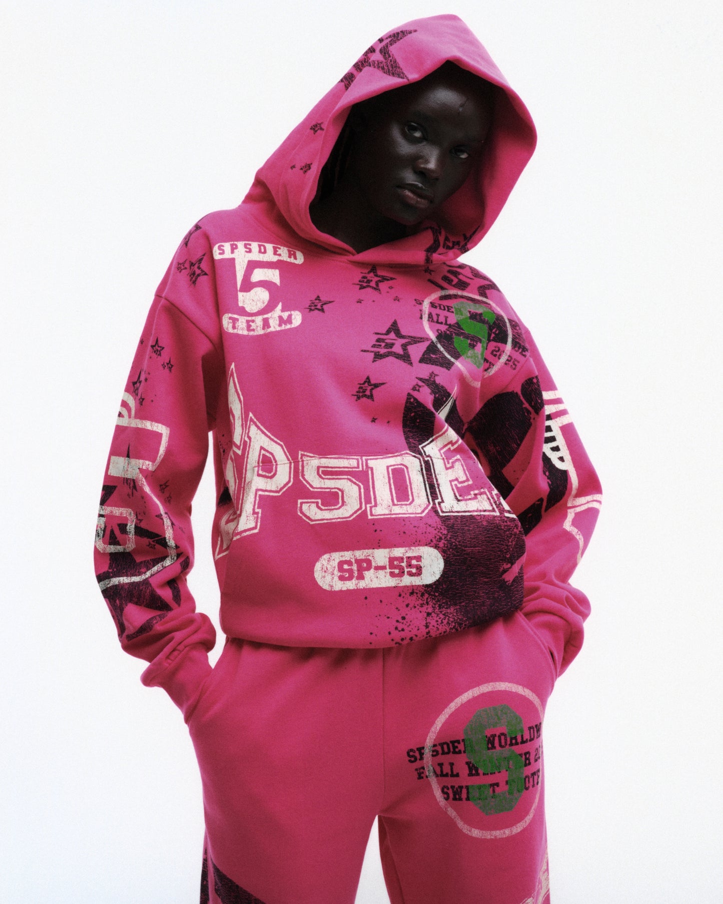 PINK STENCIL HOODIE ON MODEL