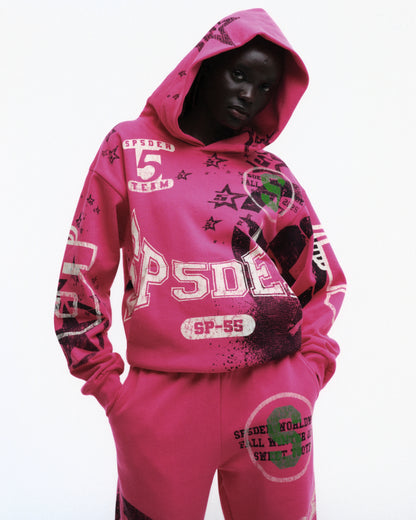PINK STENCIL HOODIE ON MODEL