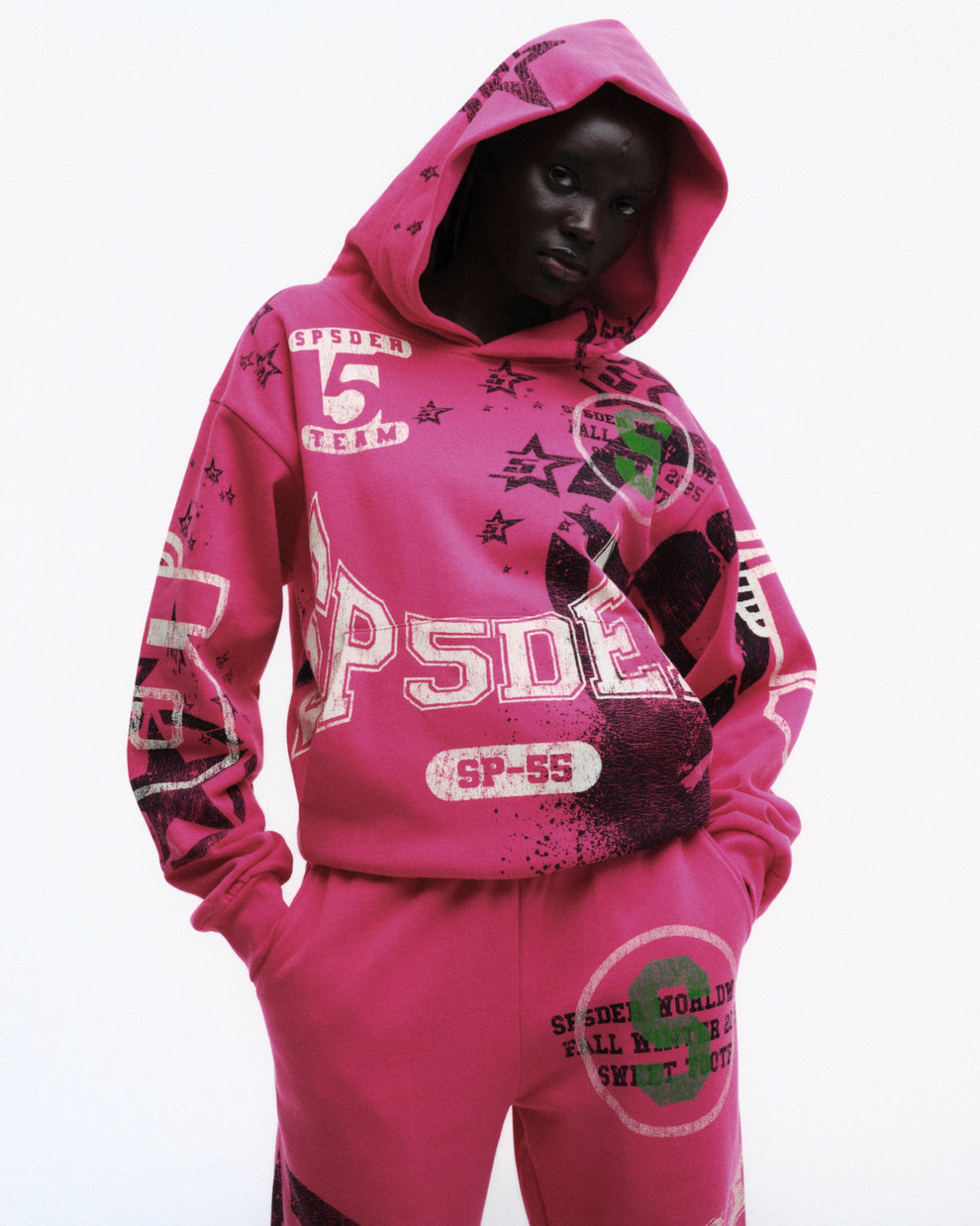 PINK STENCIL HOODIE ON MODEL