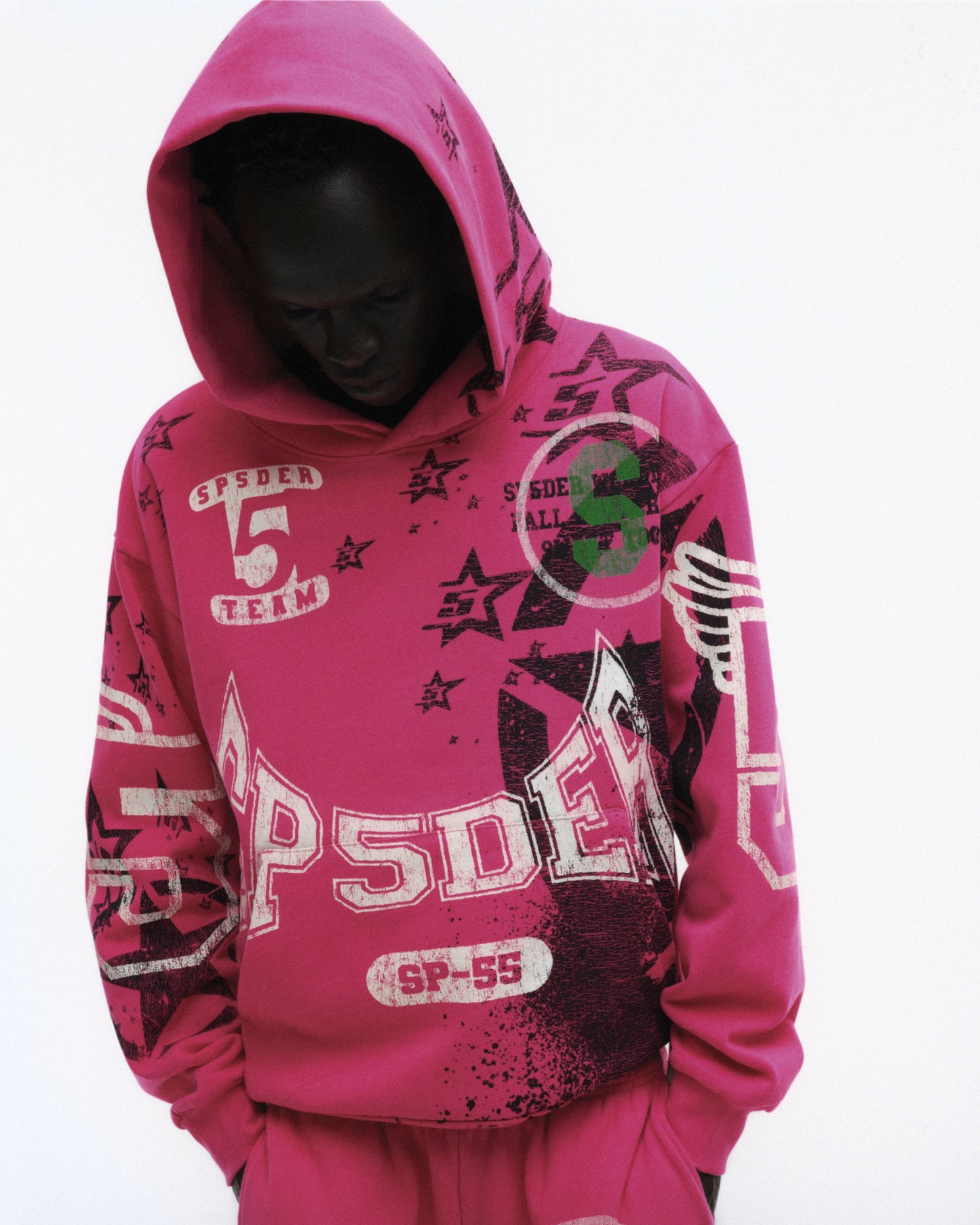 PINK STENCIL HOODIE ON MODEL