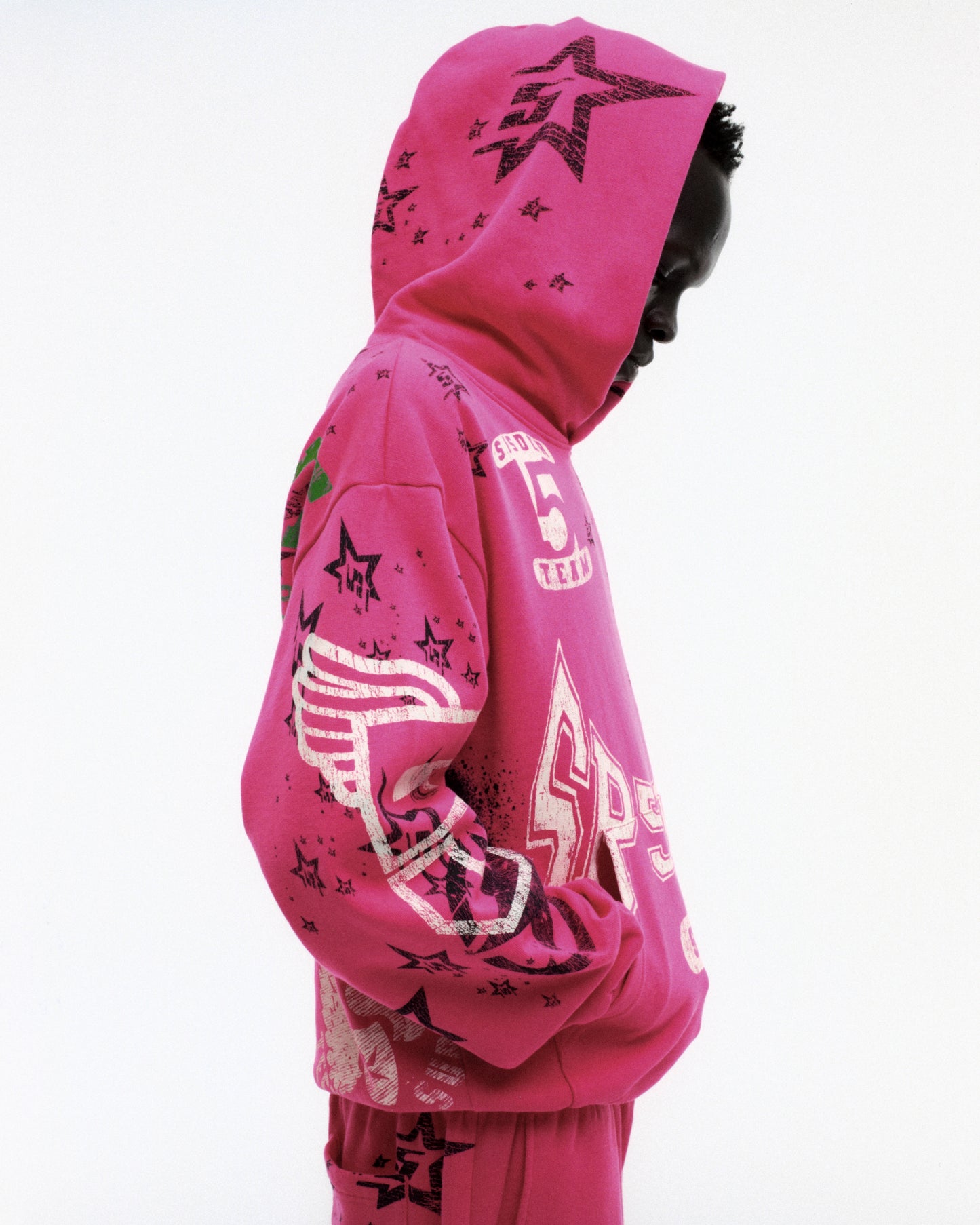 PINK STENCIL HOODIE ON MODEL