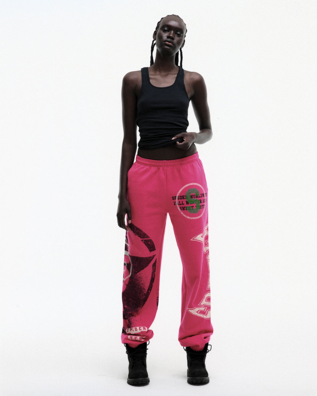 PINK STENCIL SWEATPANT ON MODEL
