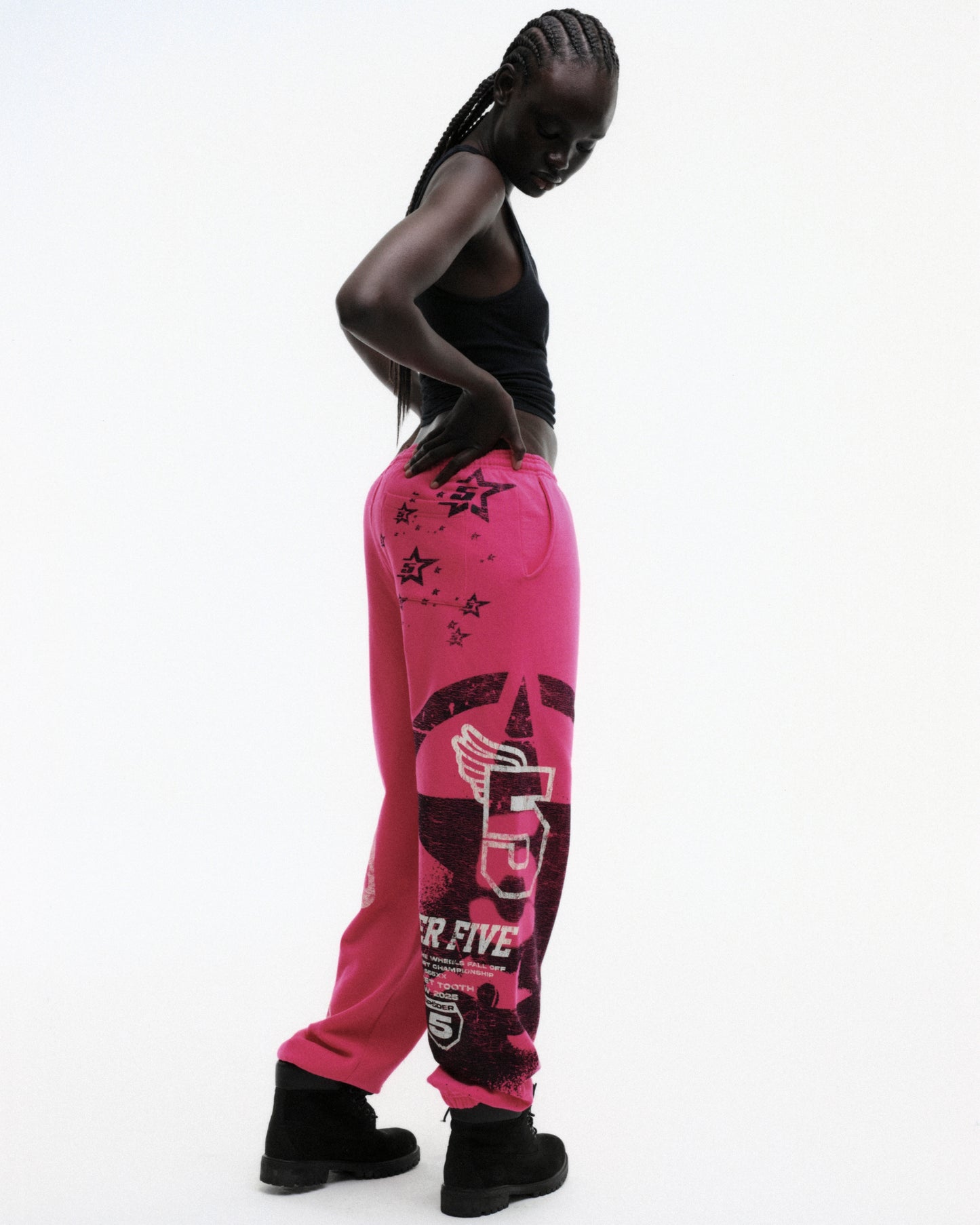 PINK STENCIL SWEATPANT ON MODEL