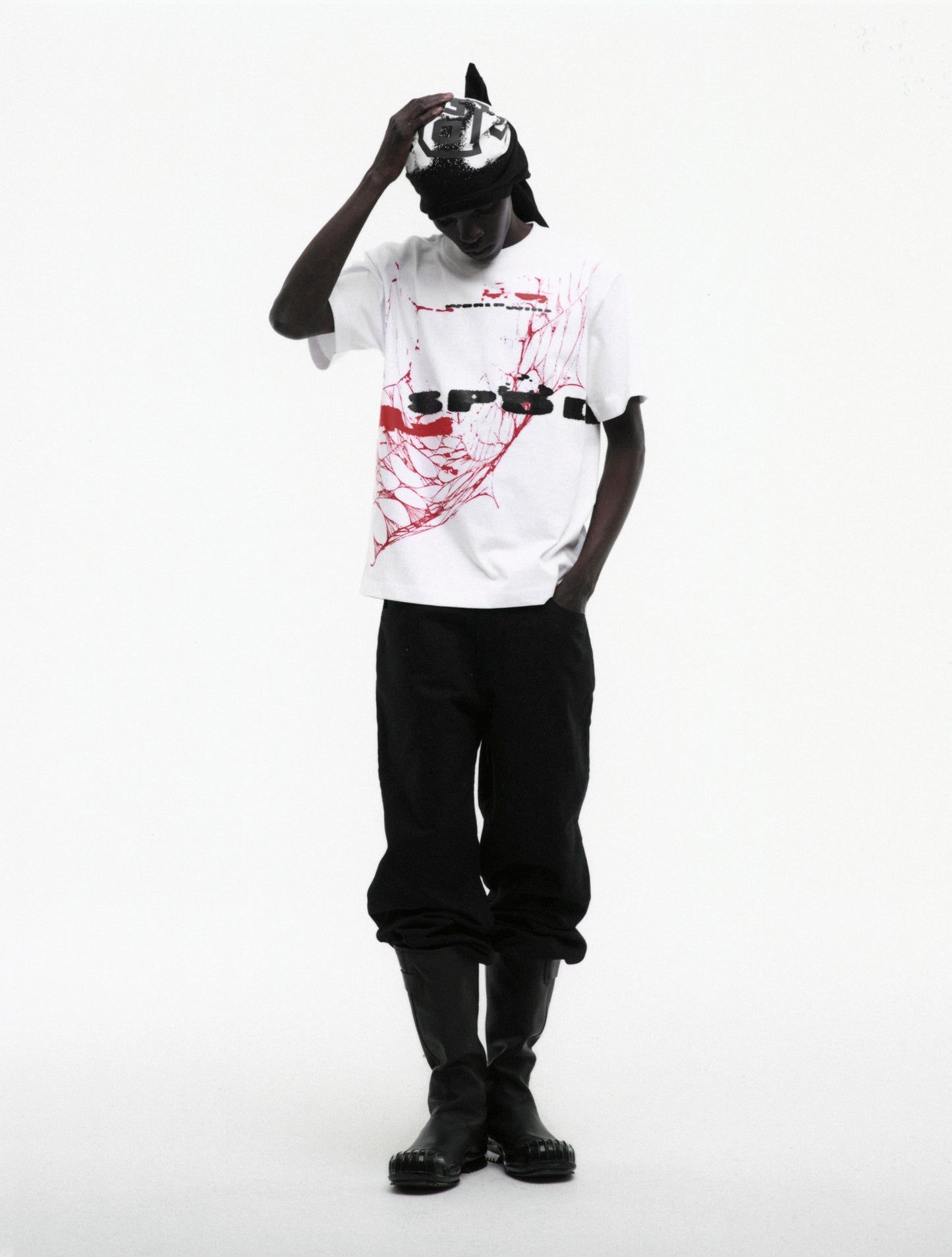 WHITE SPINNER TEE ON MODEL
