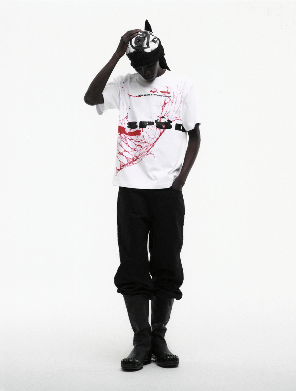 WHITE SPINNER TEE ON MODEL