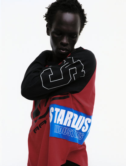 RED RALLY RAGLAN LONGSLEEVE ON MODEL