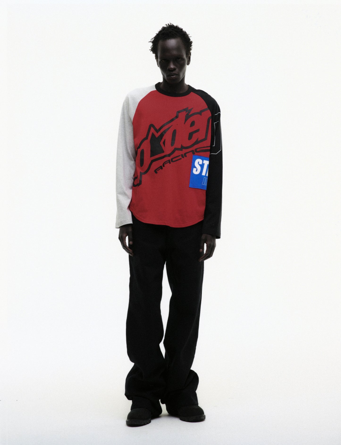 RED RALLY RAGLAN LONGSLEEVE ON MODEL