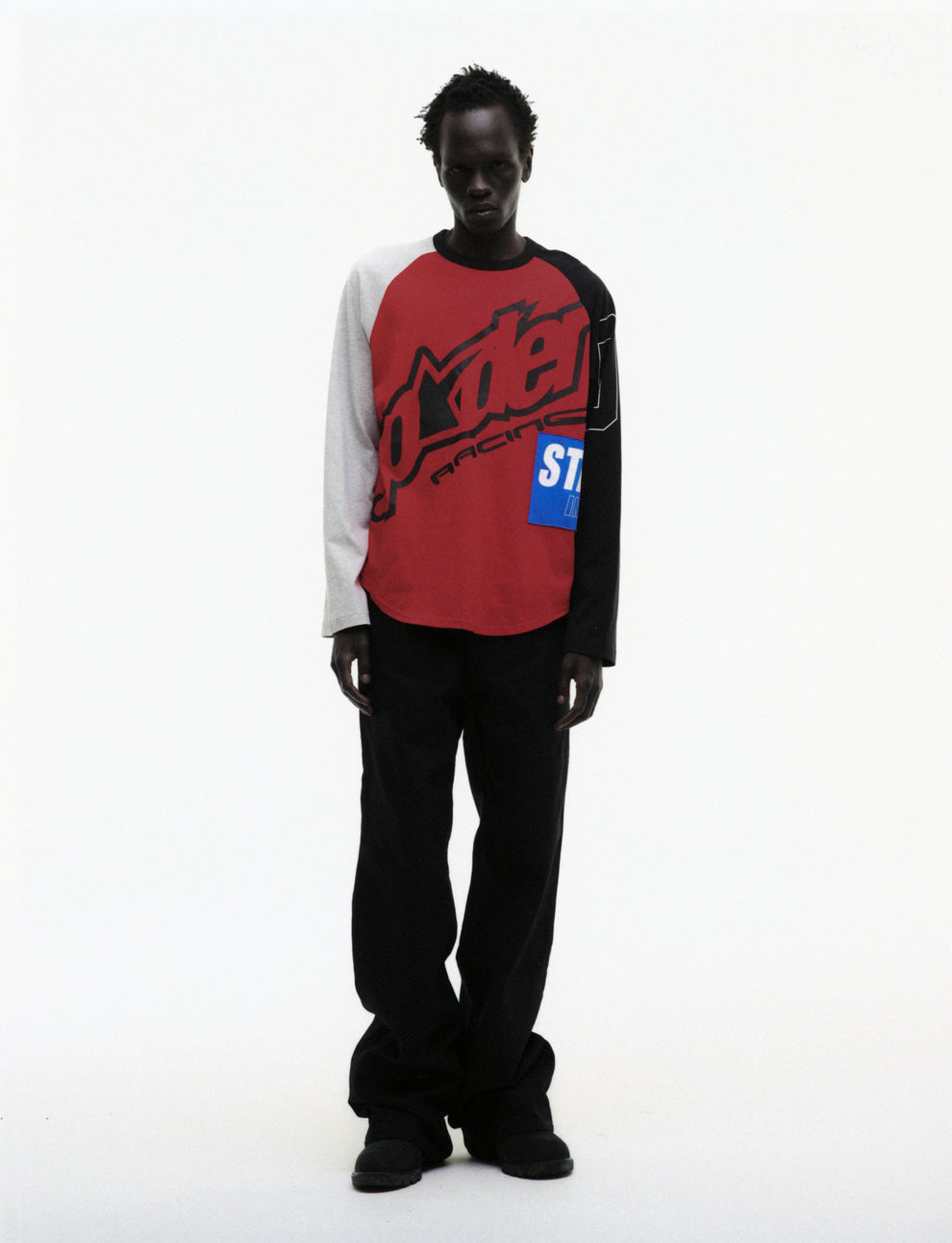 RED RALLY RAGLAN LONGSLEEVE ON MODEL