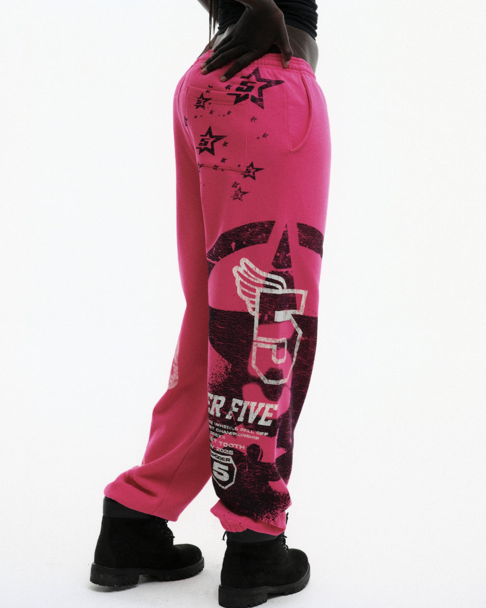 PINK STENCIL SWEATPANT ON MODEL