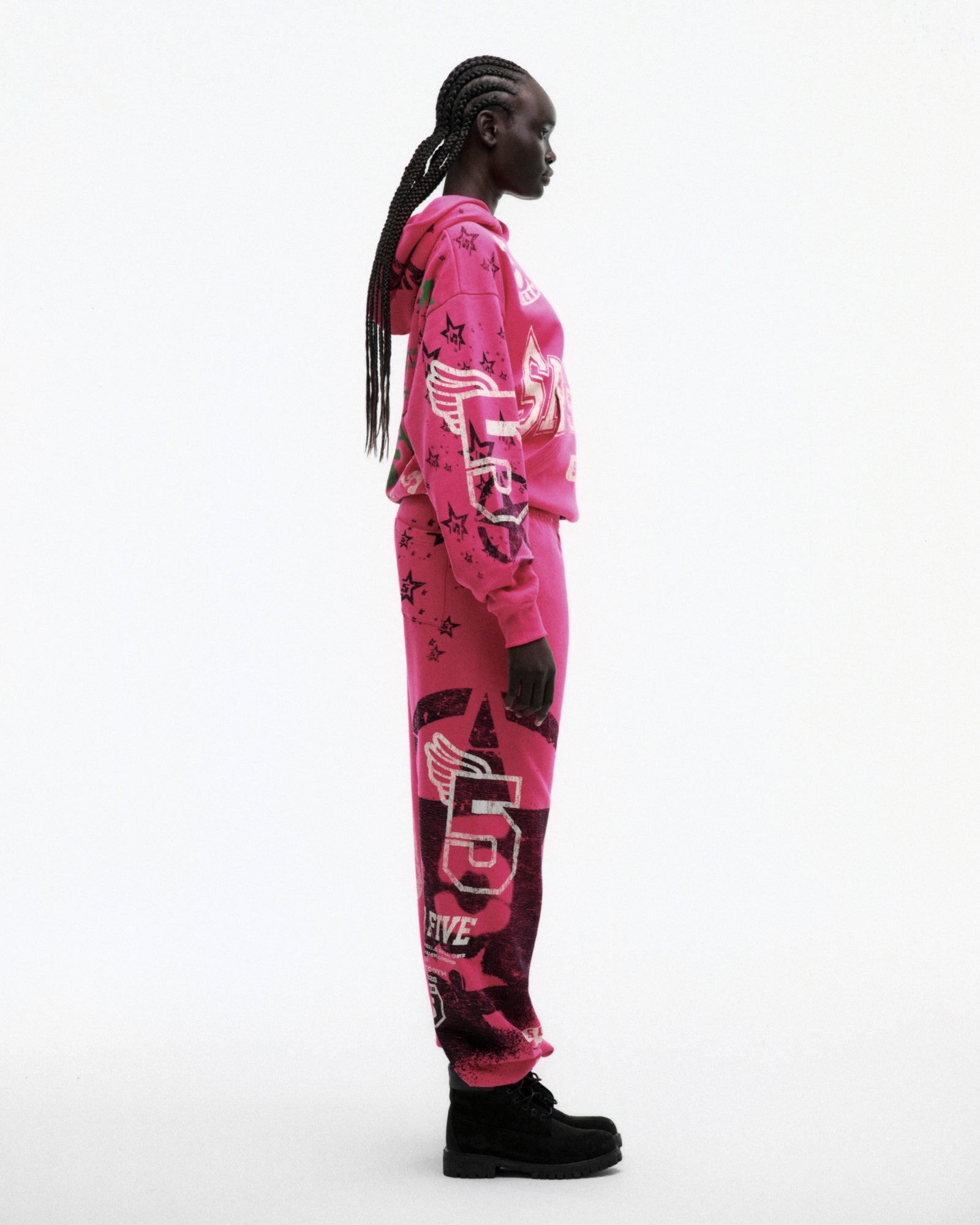 PINK STENCIL HOODIE ON MODEL