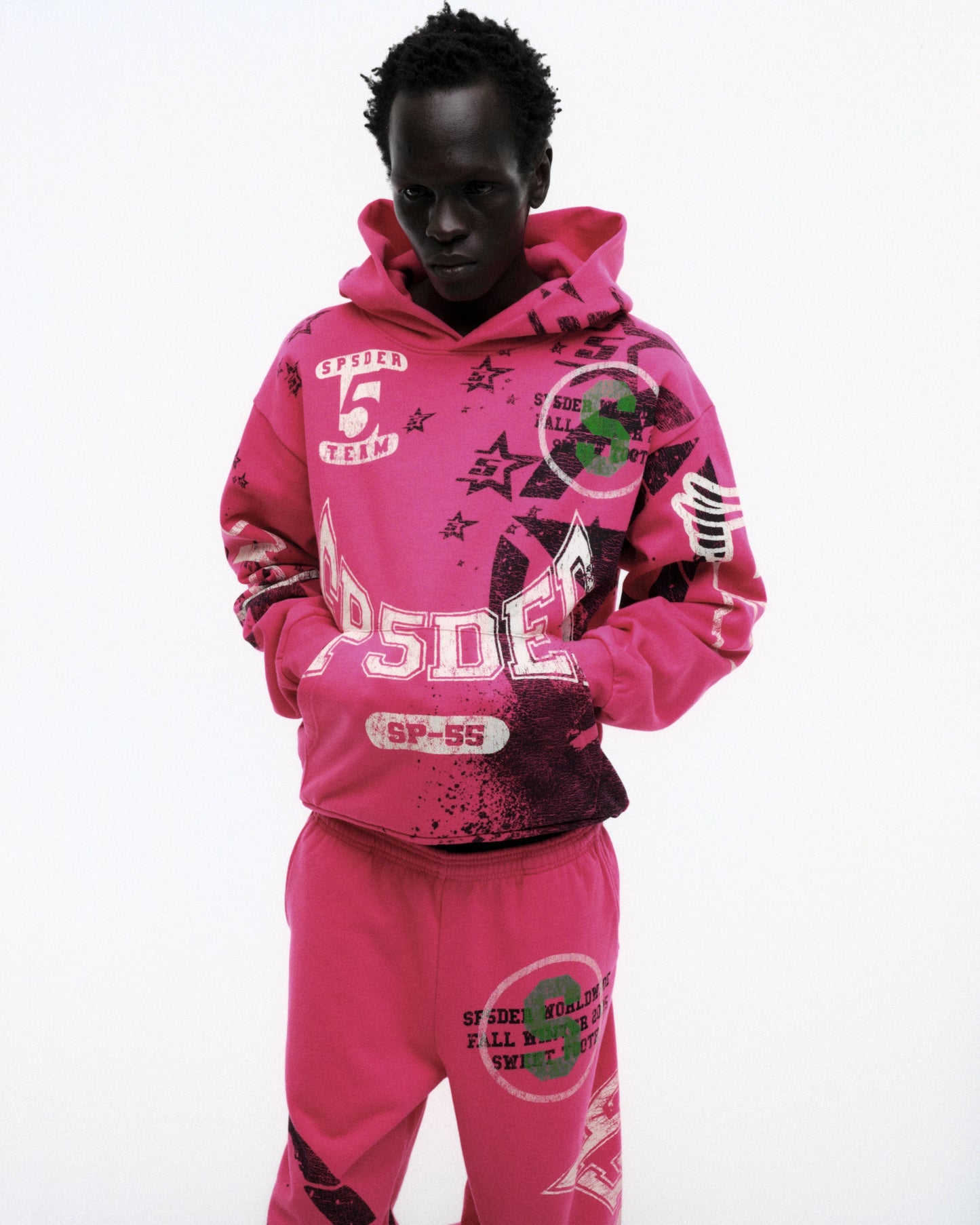 PINK STENCIL HOODIE ON MODEL